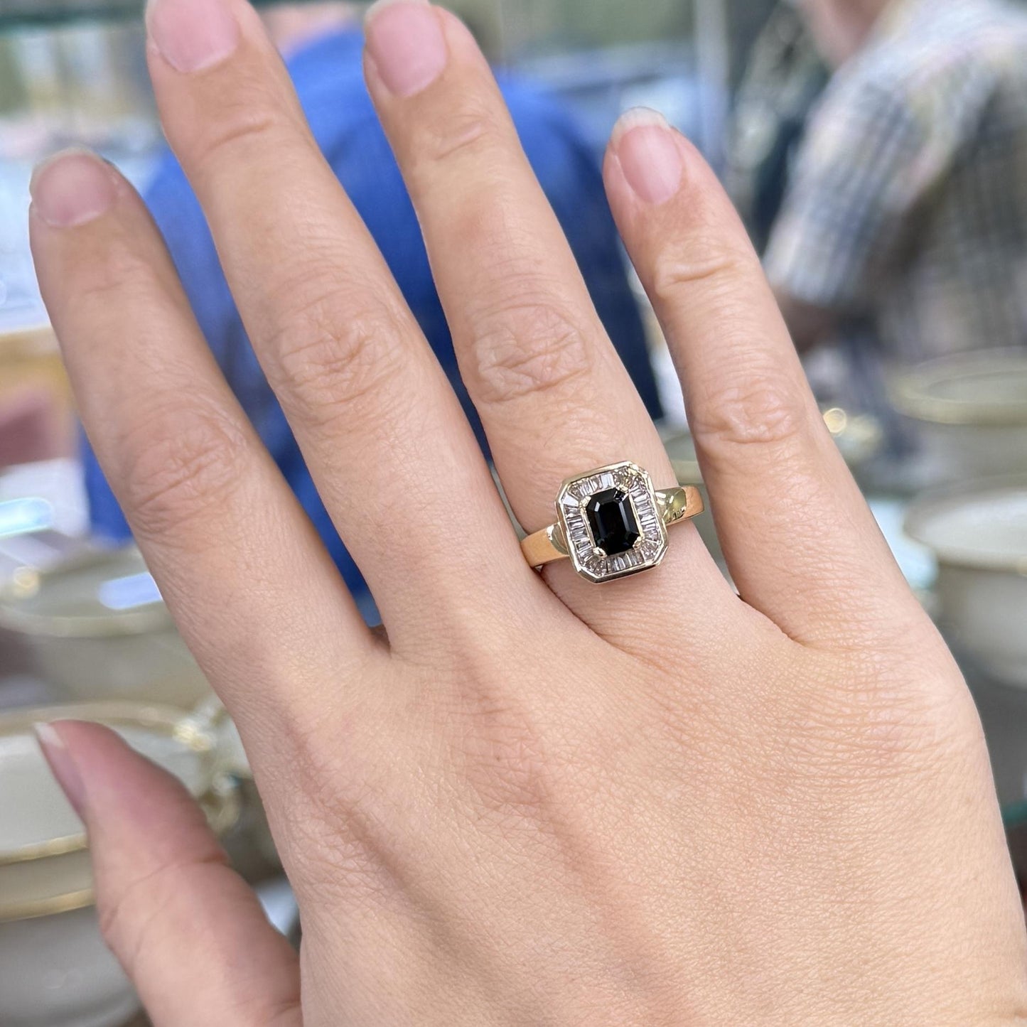 Blue Sapphire and Baguette Cut Diamond Ring 14k Yellow Gold