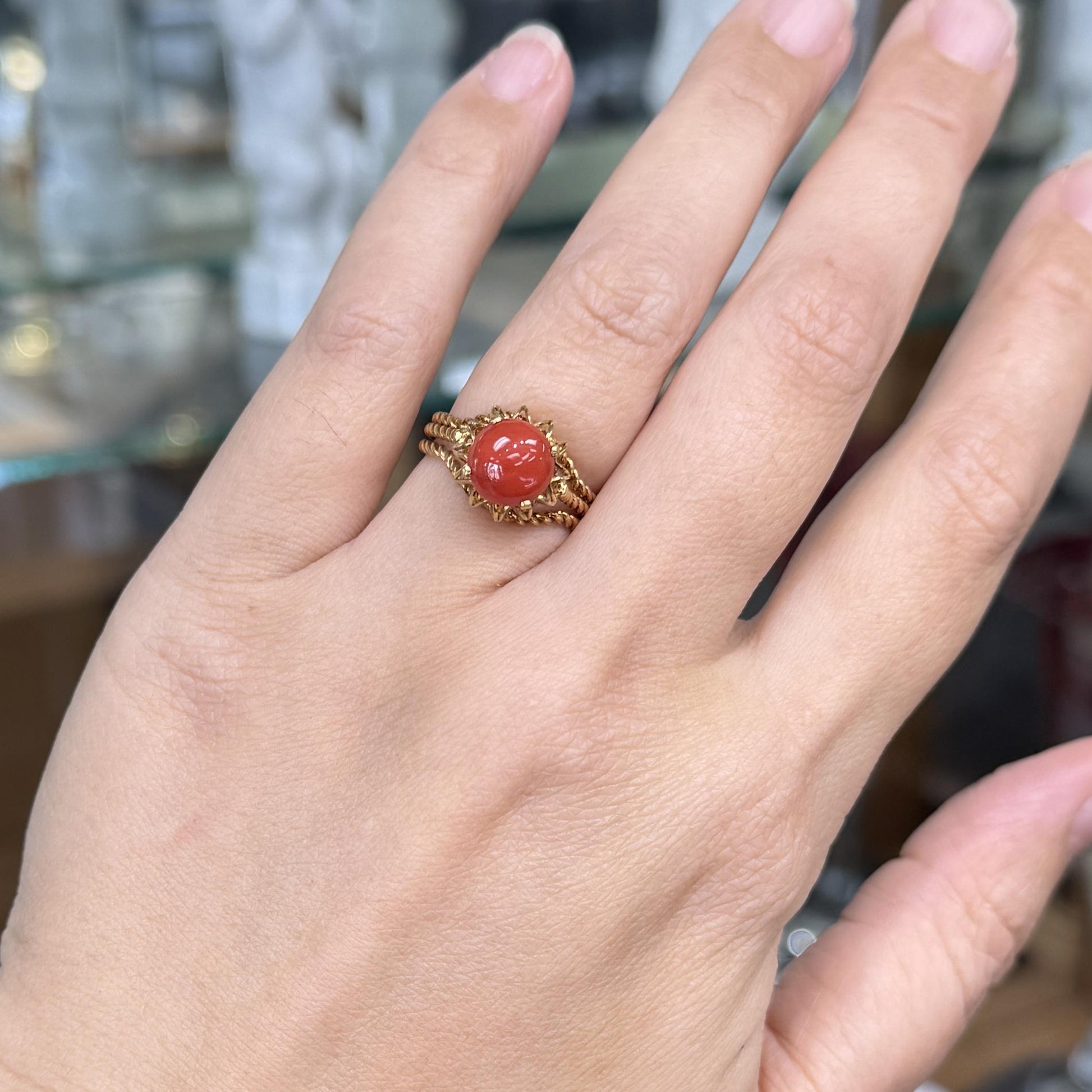 Estate Corletto Italian 17k Yellow Gold Coral Twisted Rope Ring