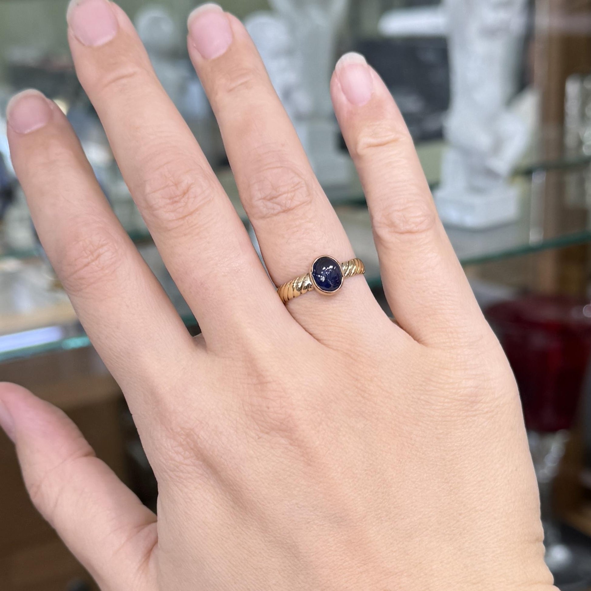 Antique Victorian 1850 Unheated Sapphire Cabochon Ring 18k/14k
