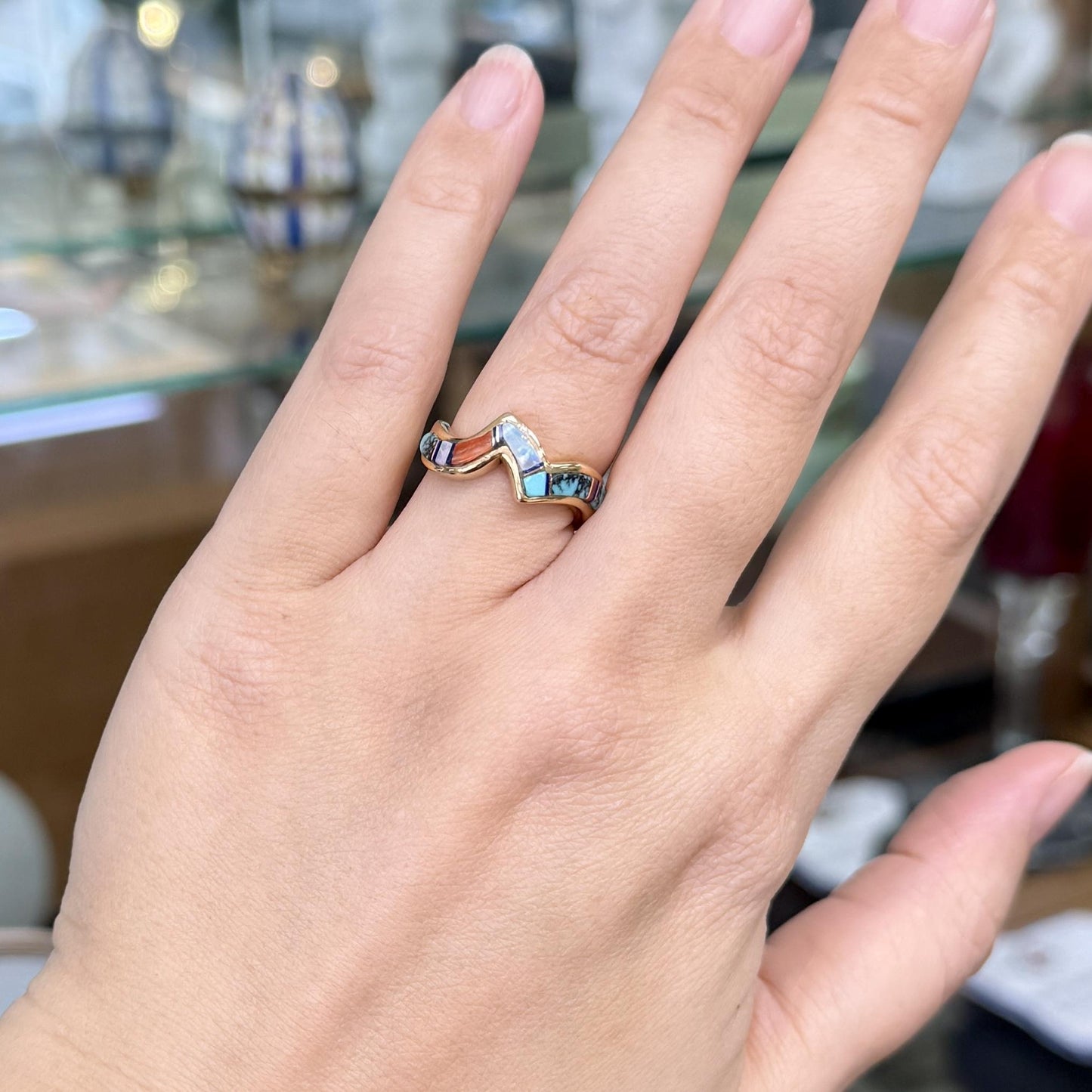 Navajo Zuni Inlaid Turquoise Coral and Opal Wavy Zigzag Band Ring 14k