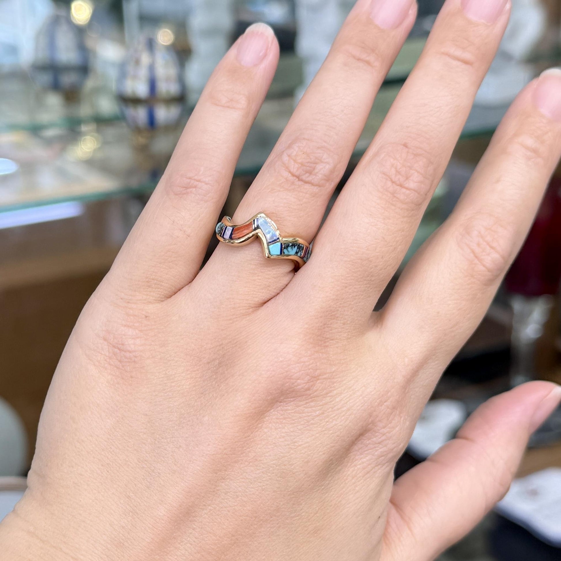 Navajo Zuni Inlaid Turquoise Coral and Opal Wavy Zigzag Band Ring 14k