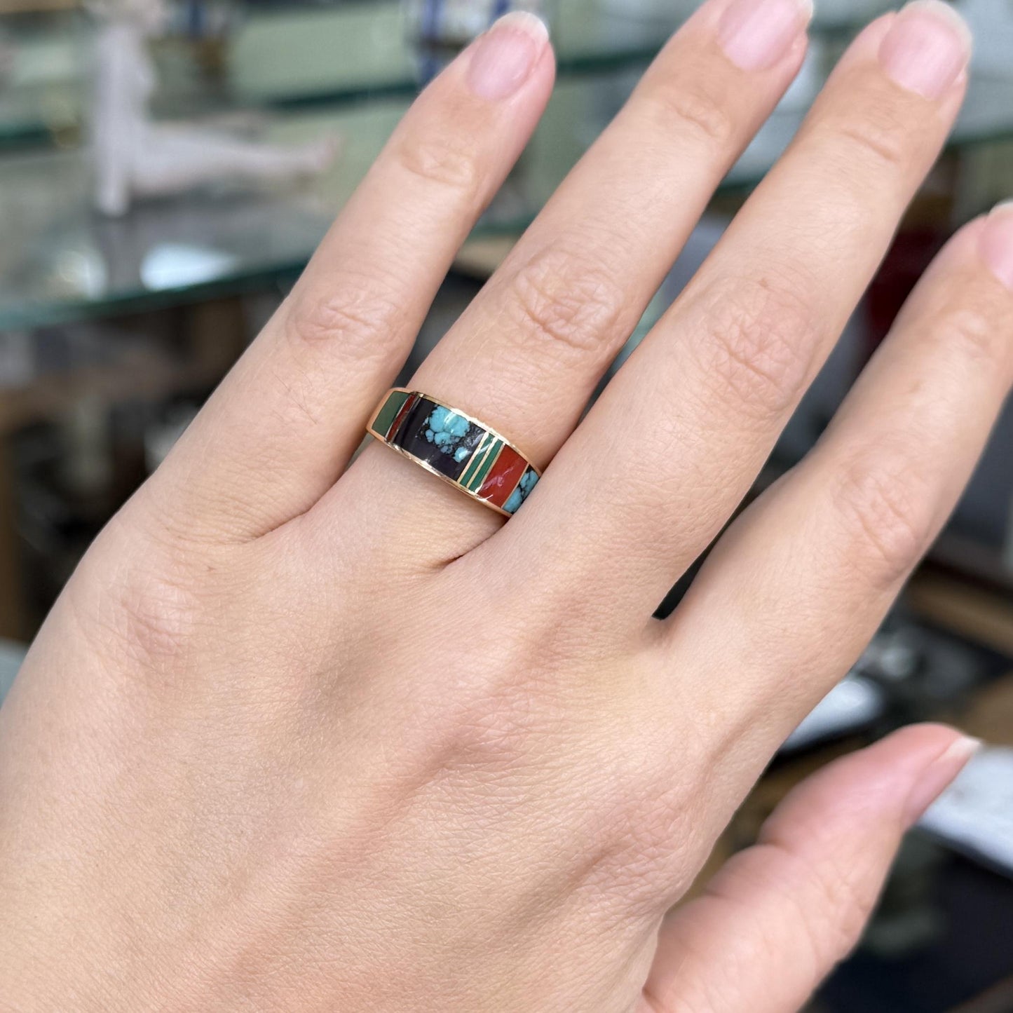 Native American Inlay Band Ring Turquoise Malachite Coral 14k Yellow Gold