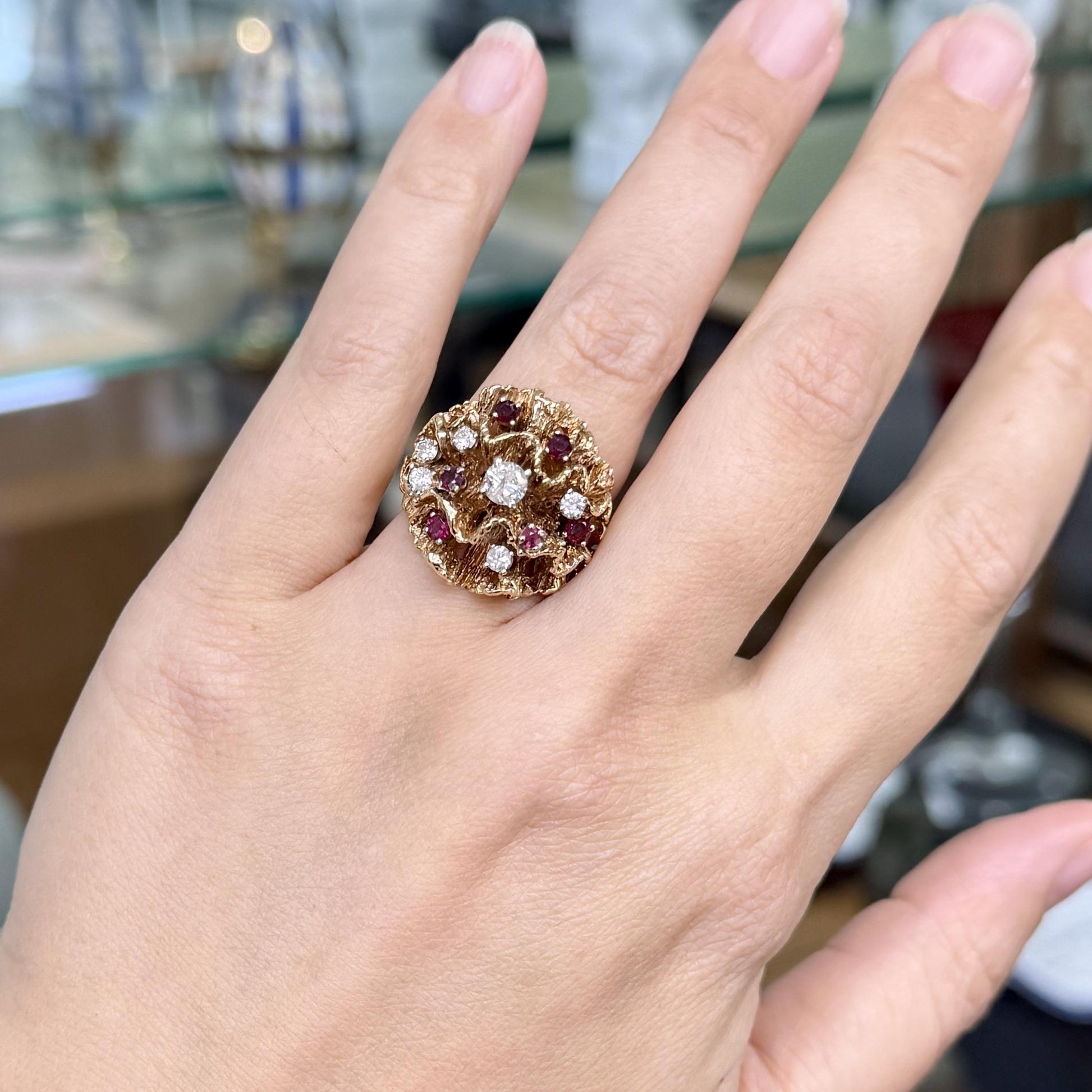 Vintage 1960's Diamond and Spinel Wavy Reef Dome Ring 14k Gold