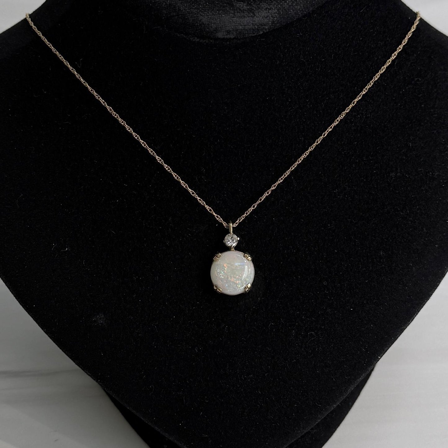 Vintage Opal and Old Mine Cut Diamond Necklace 14k Yellow Gold