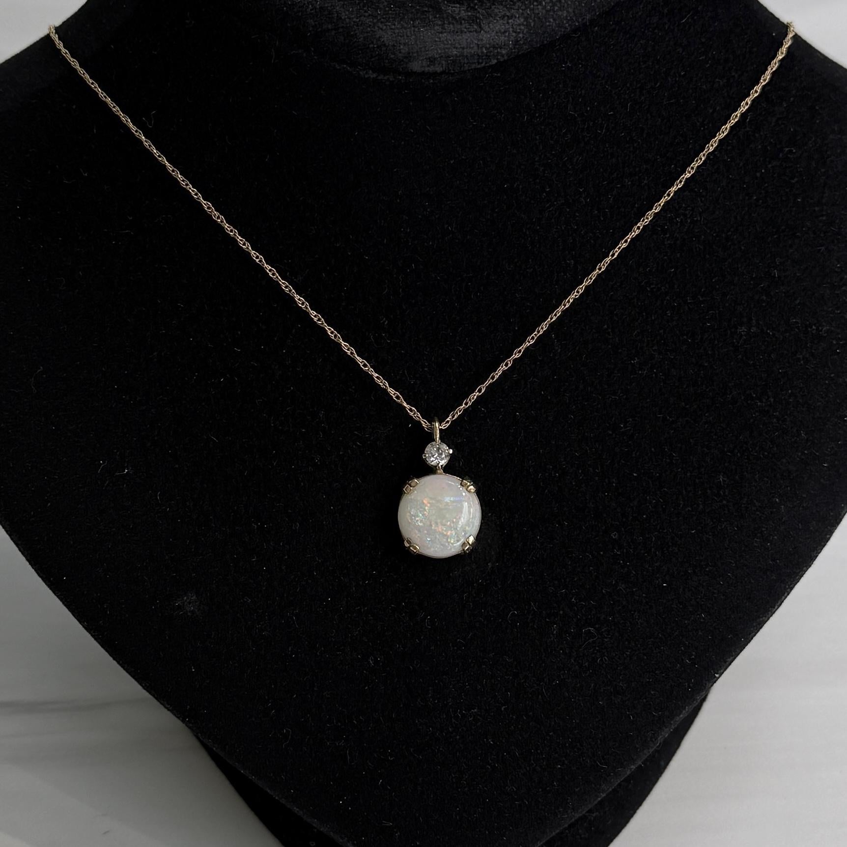 Vintage Opal and Old Mine Cut Diamond Necklace 14k Yellow Gold