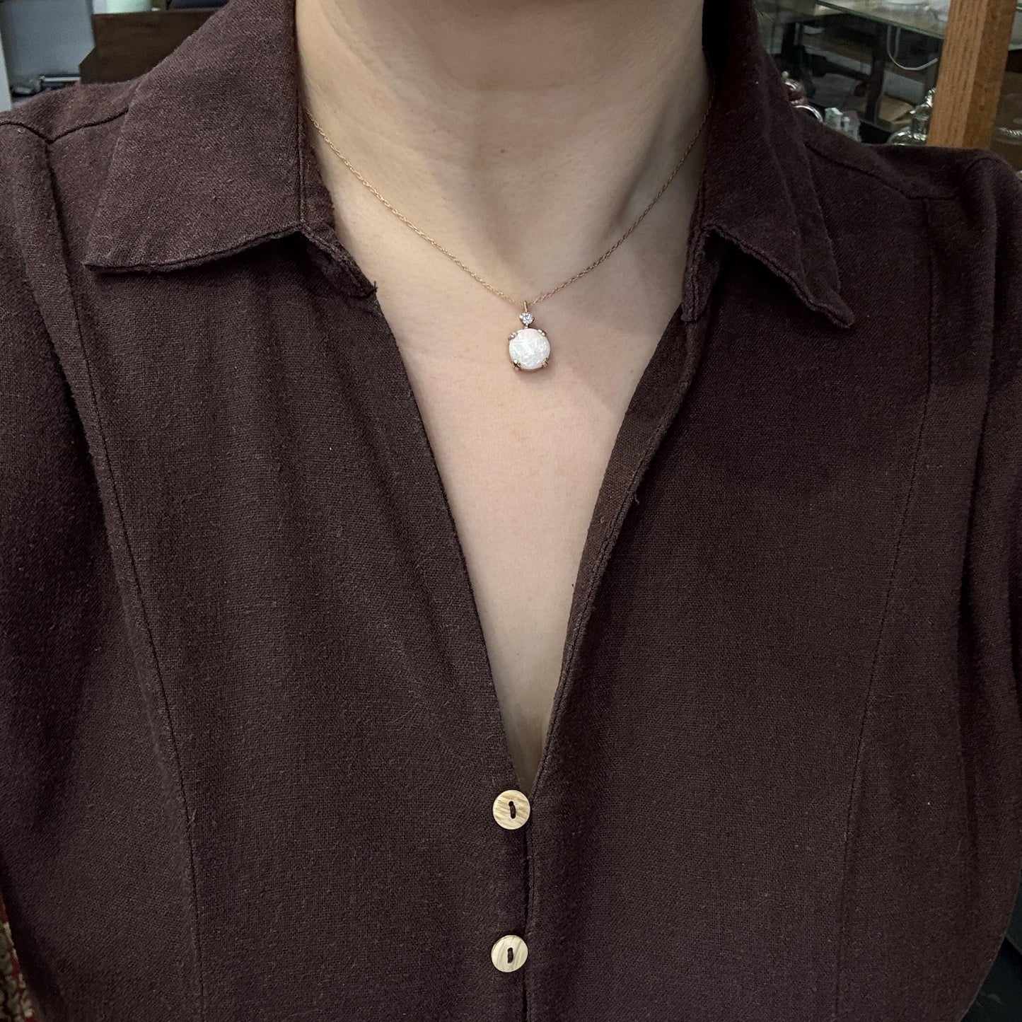 Vintage Opal and Old Mine Cut Diamond Necklace 14k Yellow Gold