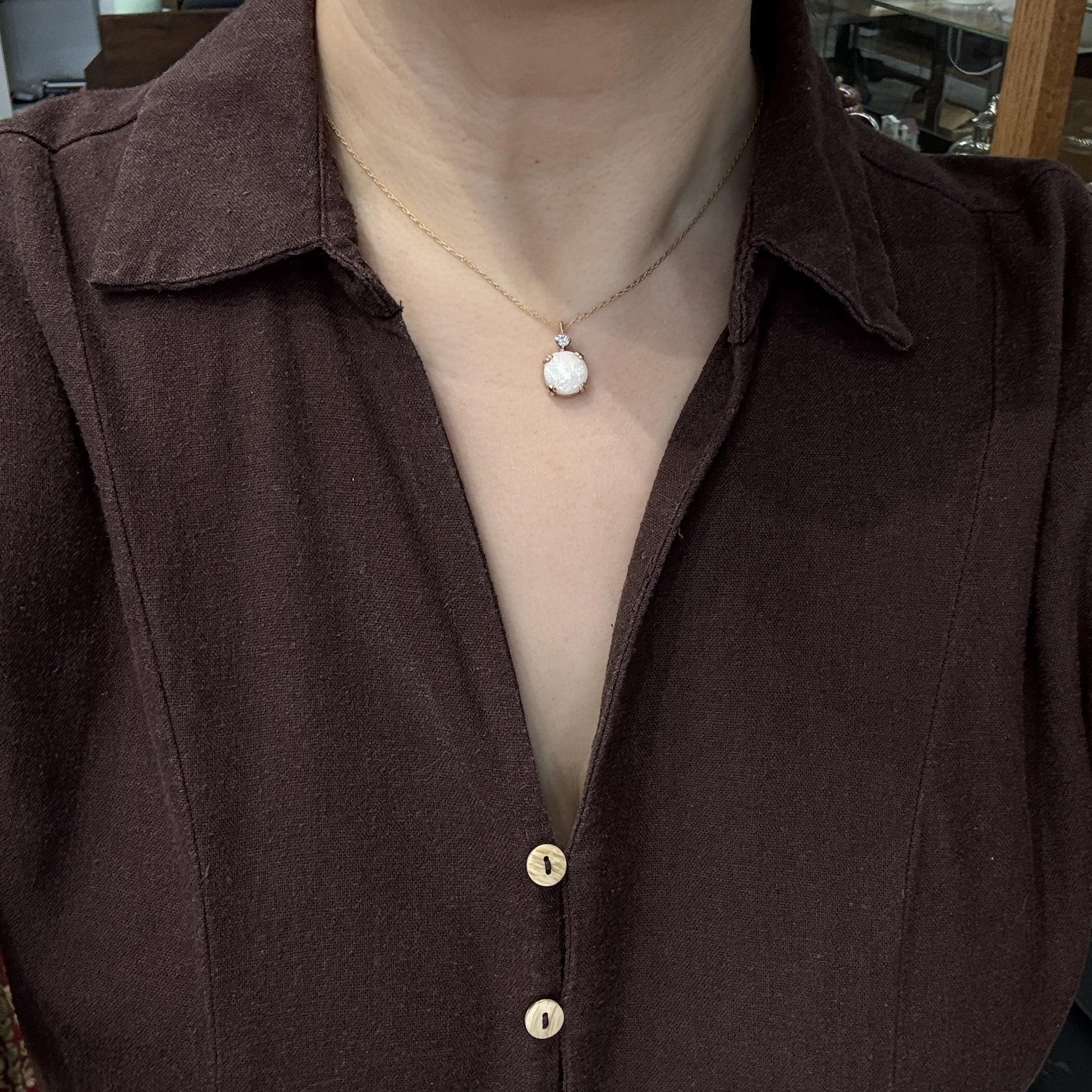 Vintage Opal and Old Mine Cut Diamond Necklace 14k Yellow Gold