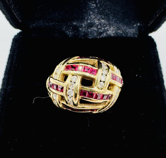 UK 14k Yellow Gold Dimaond and Ruby Dome Ring United Kingdom