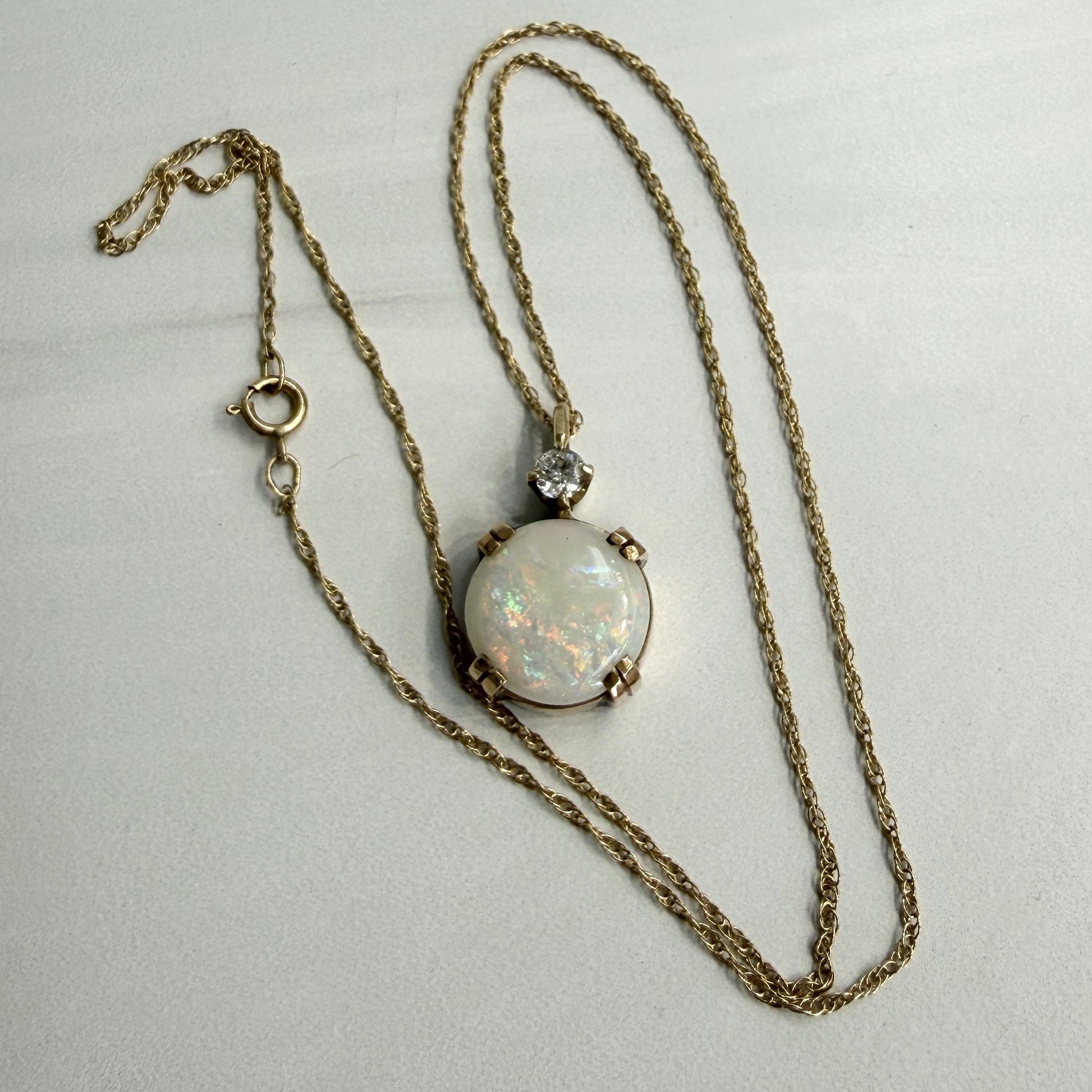 Vintage Opal and Old Mine Cut Diamond Necklace 14k Yellow Gold
