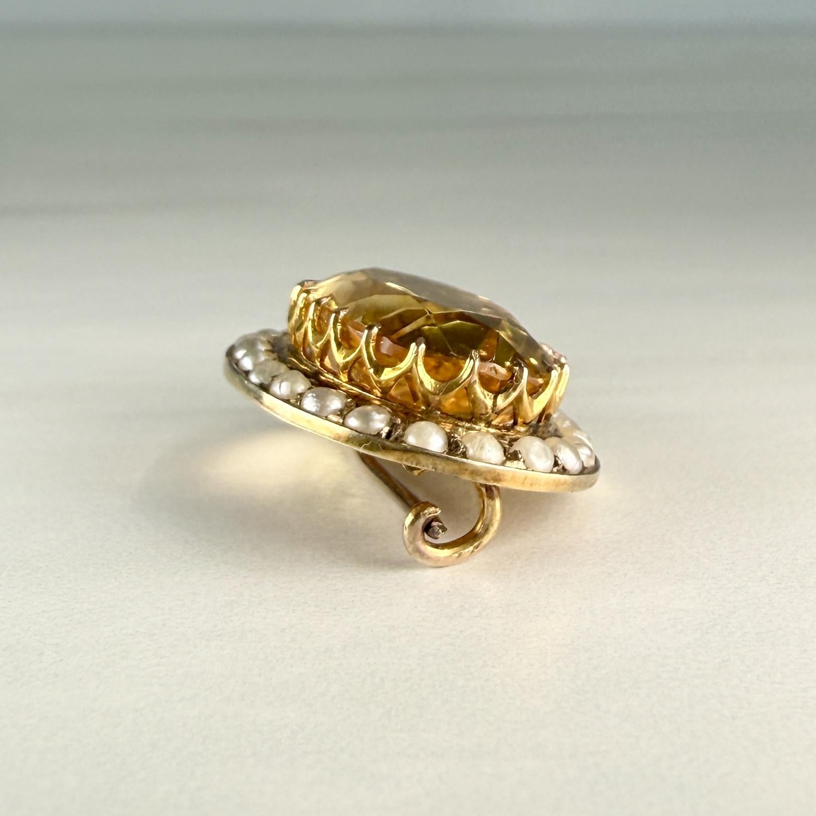Antique Victorian Citrine and Seed Pearl Brooch 9k Yellow Gold