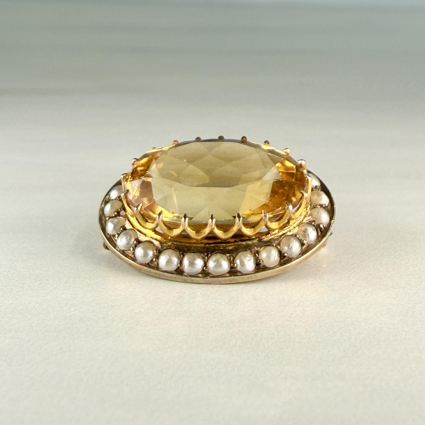 Antique Victorian Citrine and Seed Pearl Brooch 9k Yellow Gold