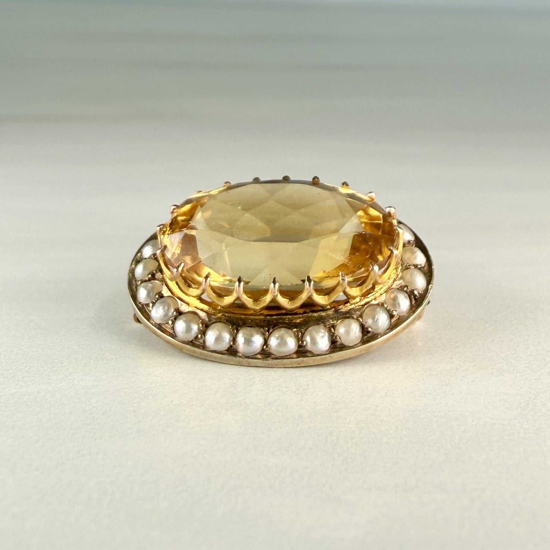 Antique Victorian Citrine and Seed Pearl Brooch 9k Yellow Gold
