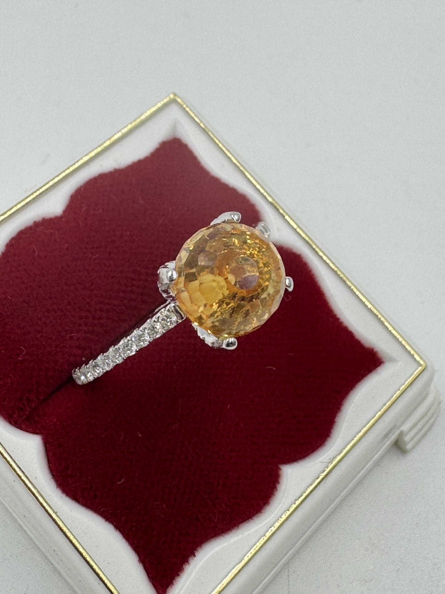 Designer Singed 14k White Gold Citrine Briolette and Diamond Ring