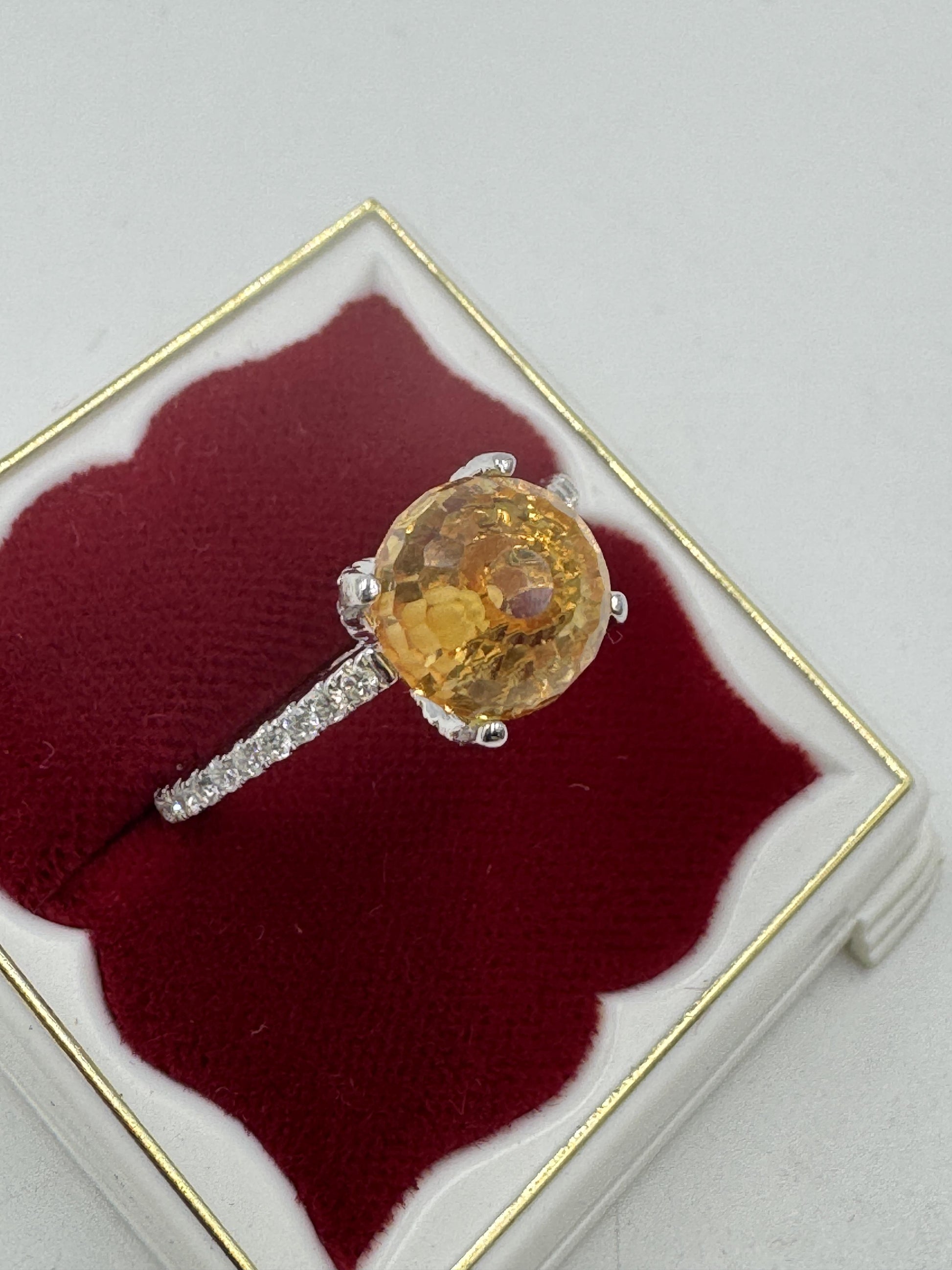 Designer Singed 14k White Gold Citrine Briolette and Diamond Ring