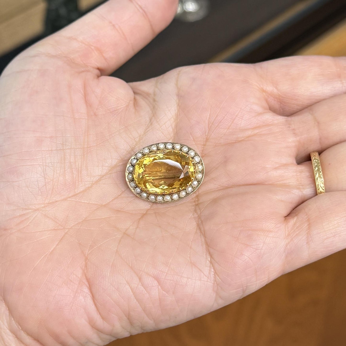 Antique Victorian Citrine and Seed Pearl Brooch 9k Yellow Gold