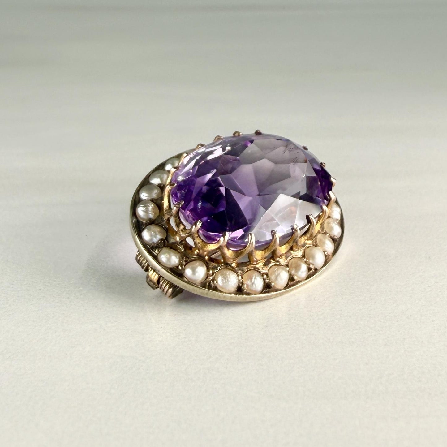Antique Victorian Amethyst and Seed Pearl Brooch 9k Yellow Gold