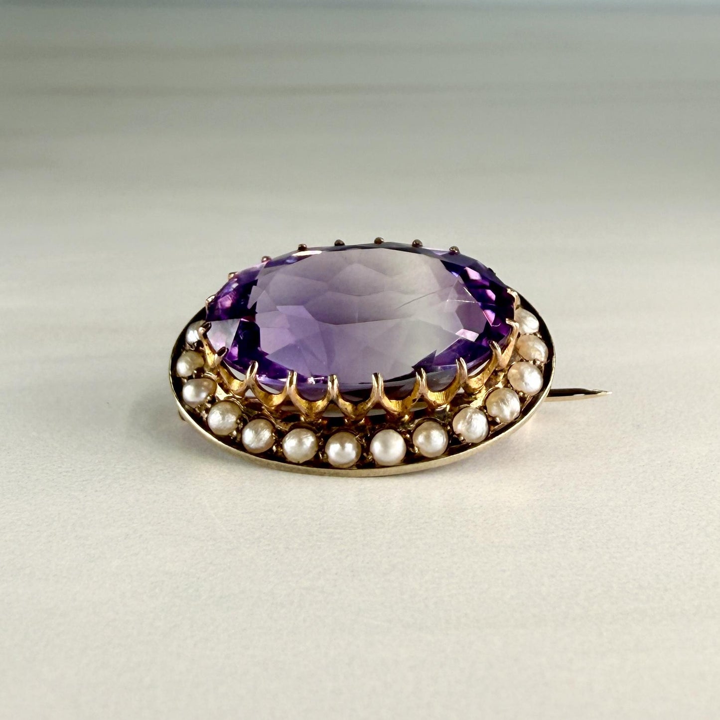 Antique Victorian Amethyst and Seed Pearl Brooch 9k Yellow Gold