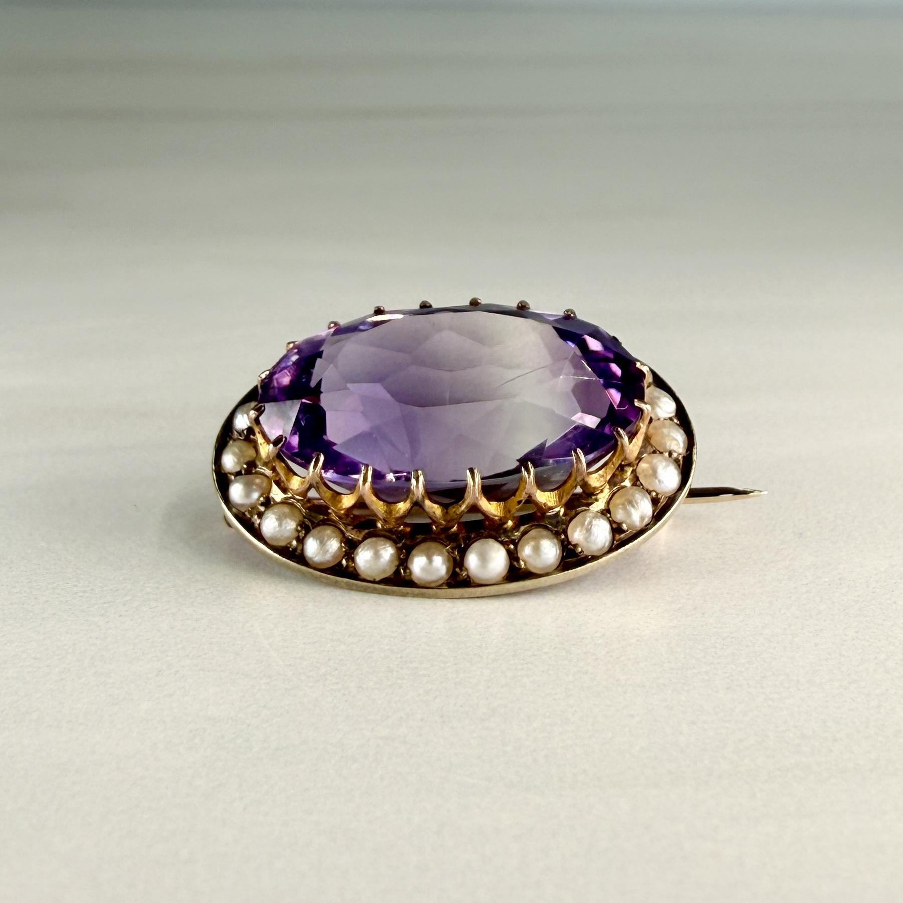 Antique Victorian Amethyst and Seed Pearl Brooch 9k Yellow Gold