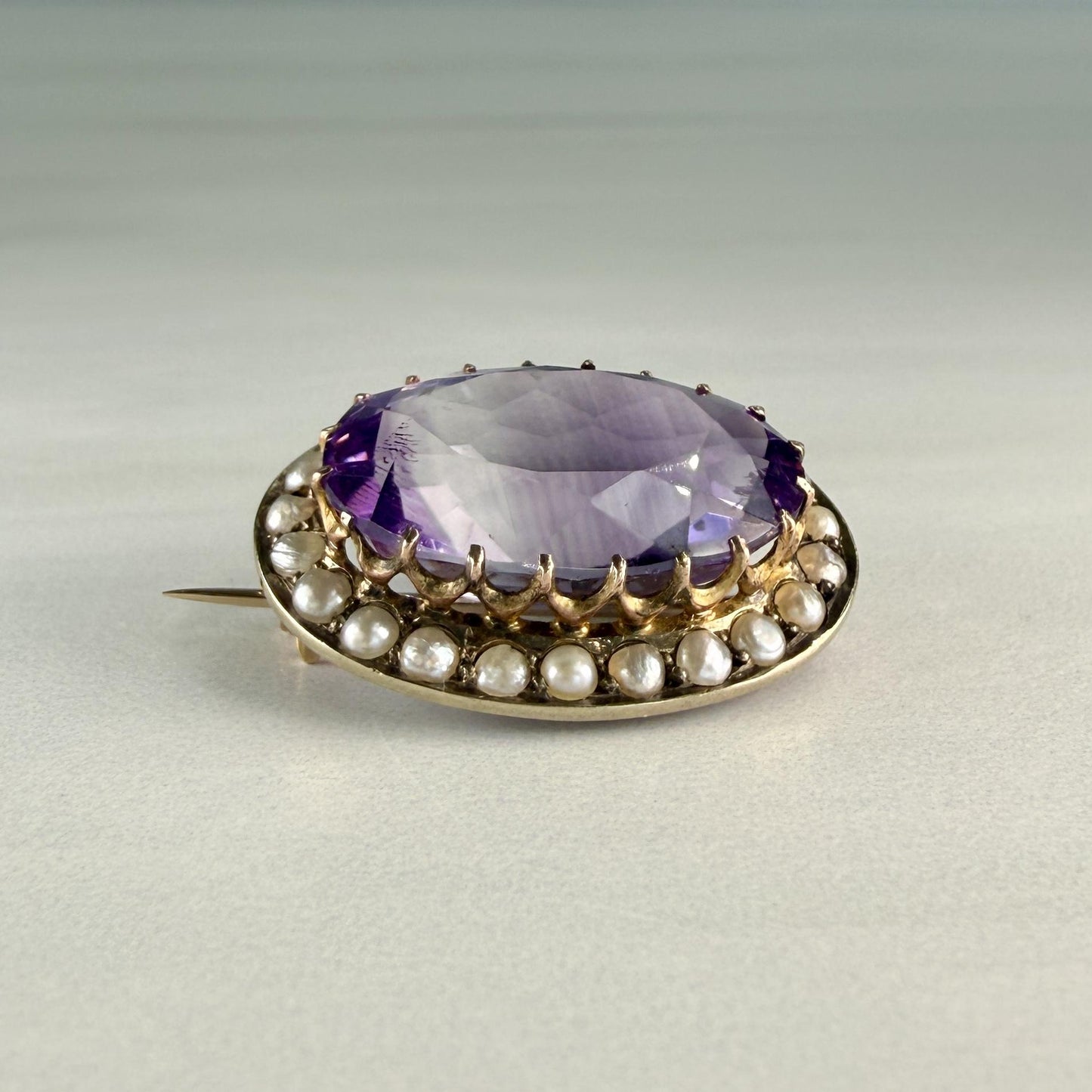 Antique Victorian Amethyst and Seed Pearl Brooch 9k Yellow Gold