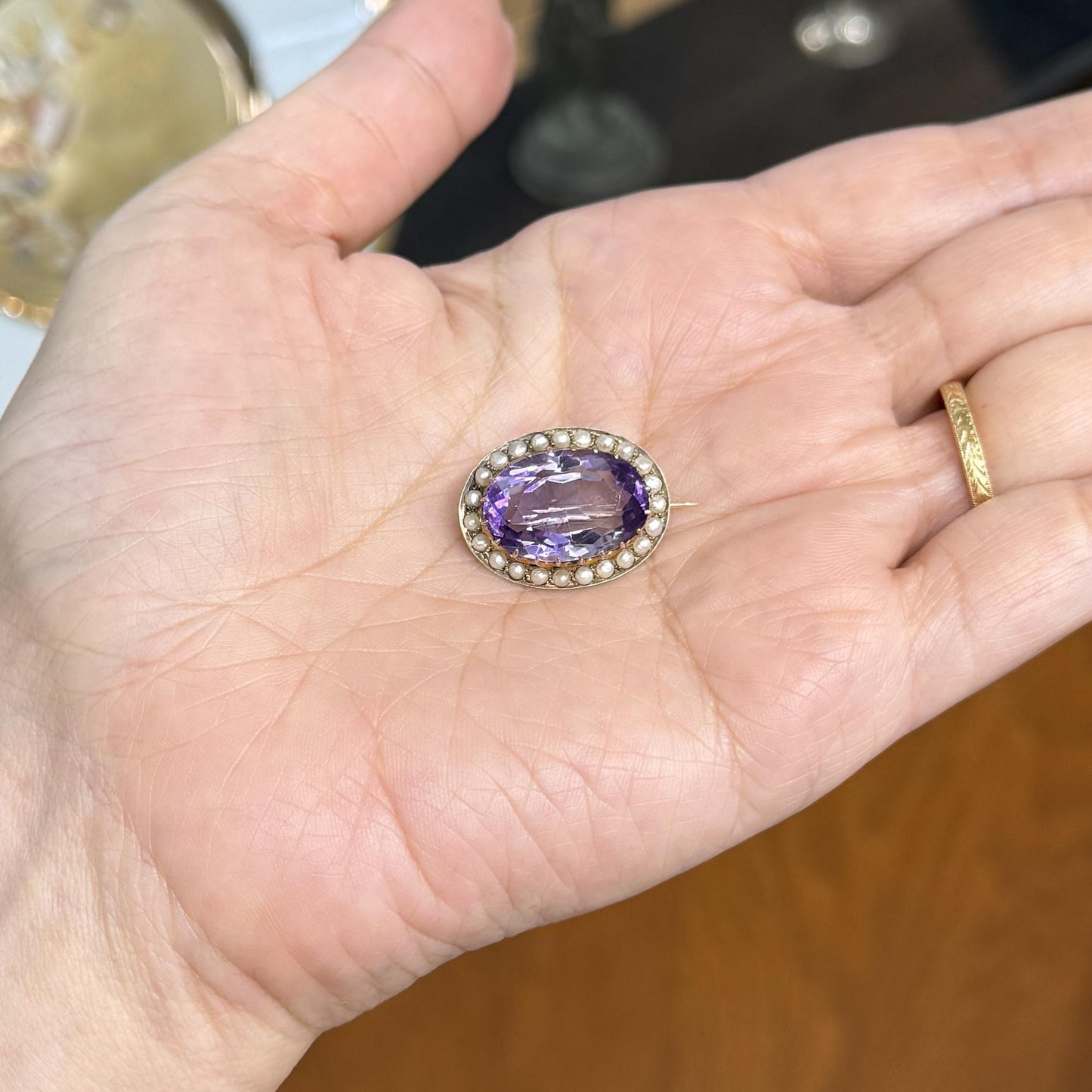 Antique Victorian Amethyst and Seed Pearl Brooch 9k Yellow Gold