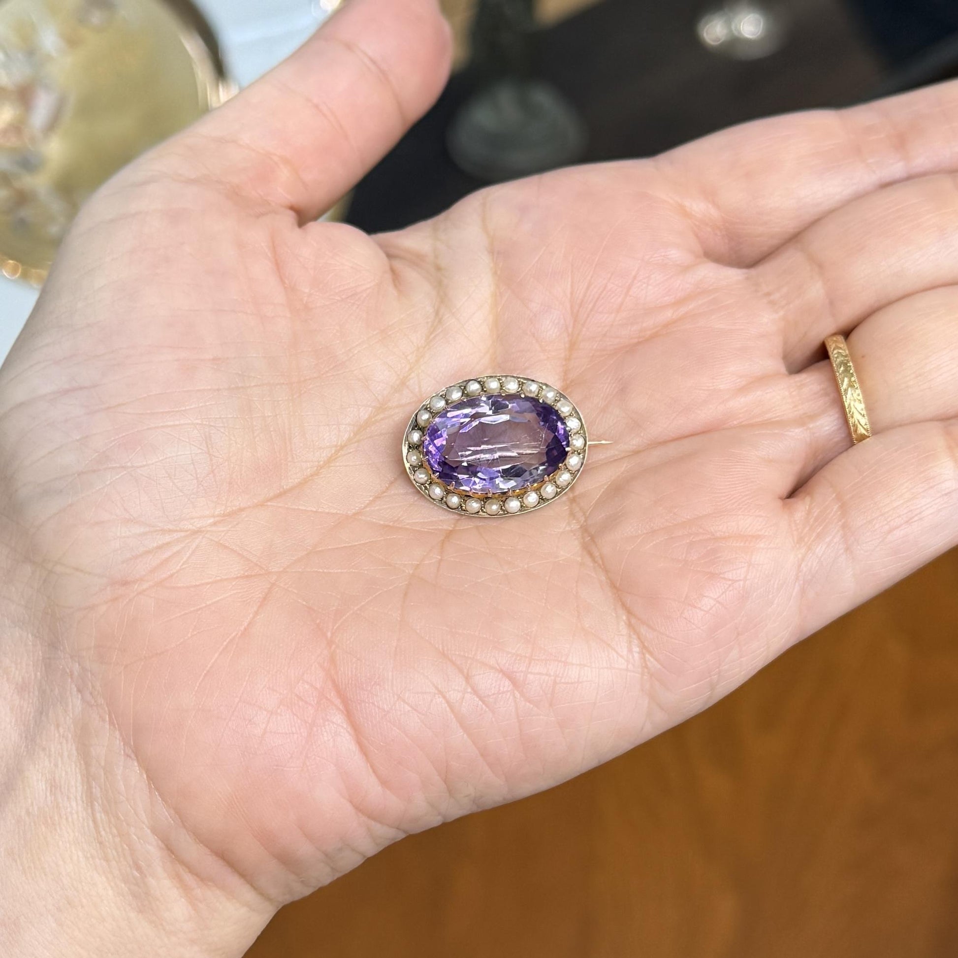 Antique Victorian Amethyst and Seed Pearl Brooch 9k Yellow Gold