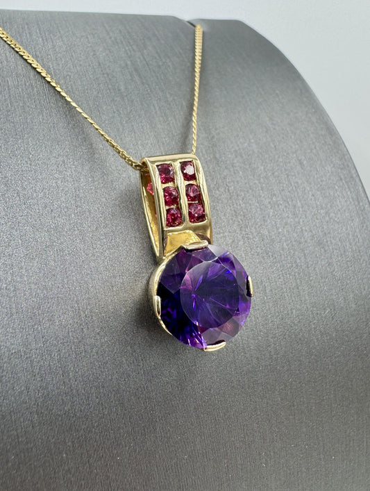 Custom Made 14k Yellow Gold Amethyst and Ruby Pendant Necklace