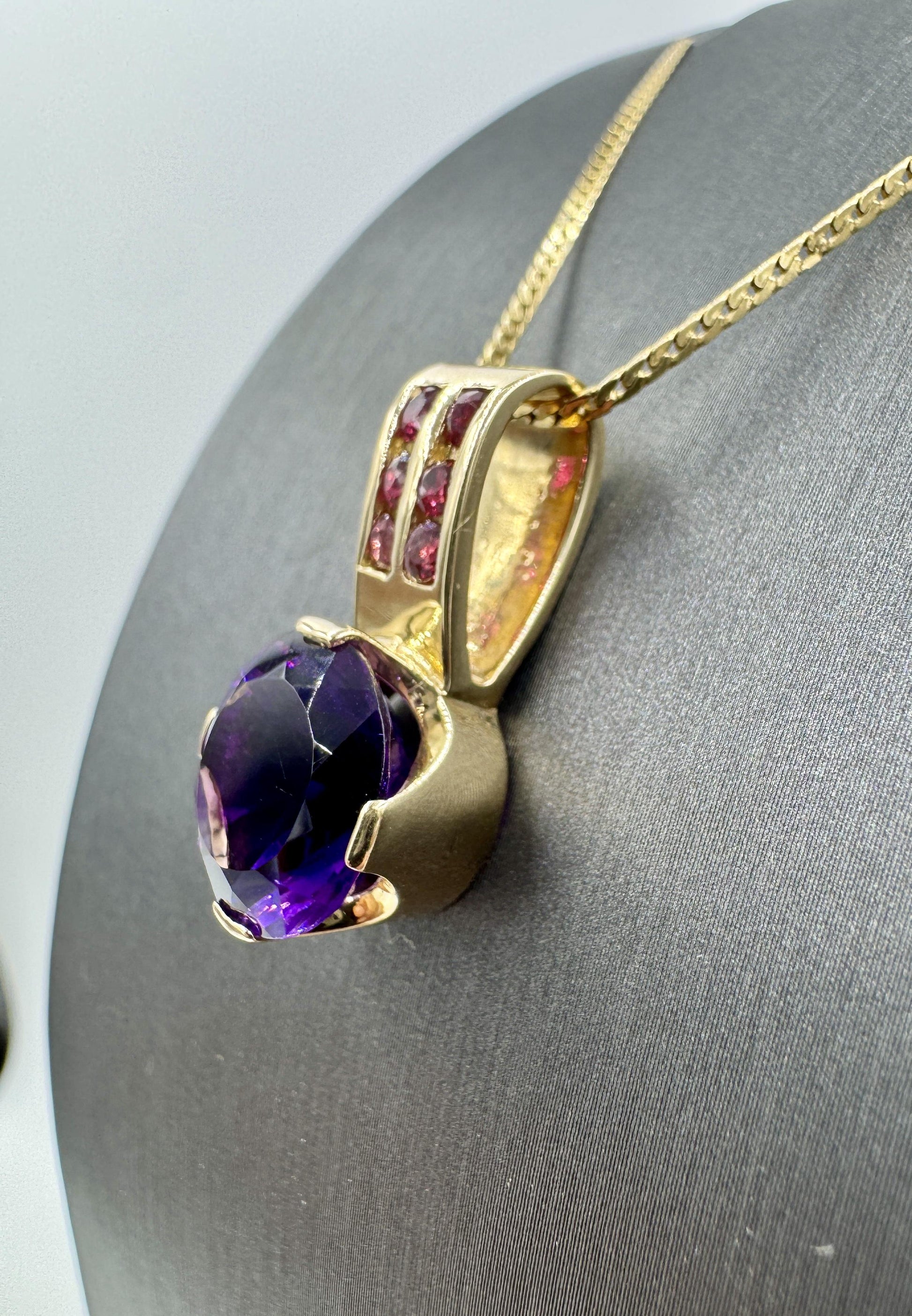 Custom Made 14k Yellow Gold Amethyst and Ruby Pendant Necklace