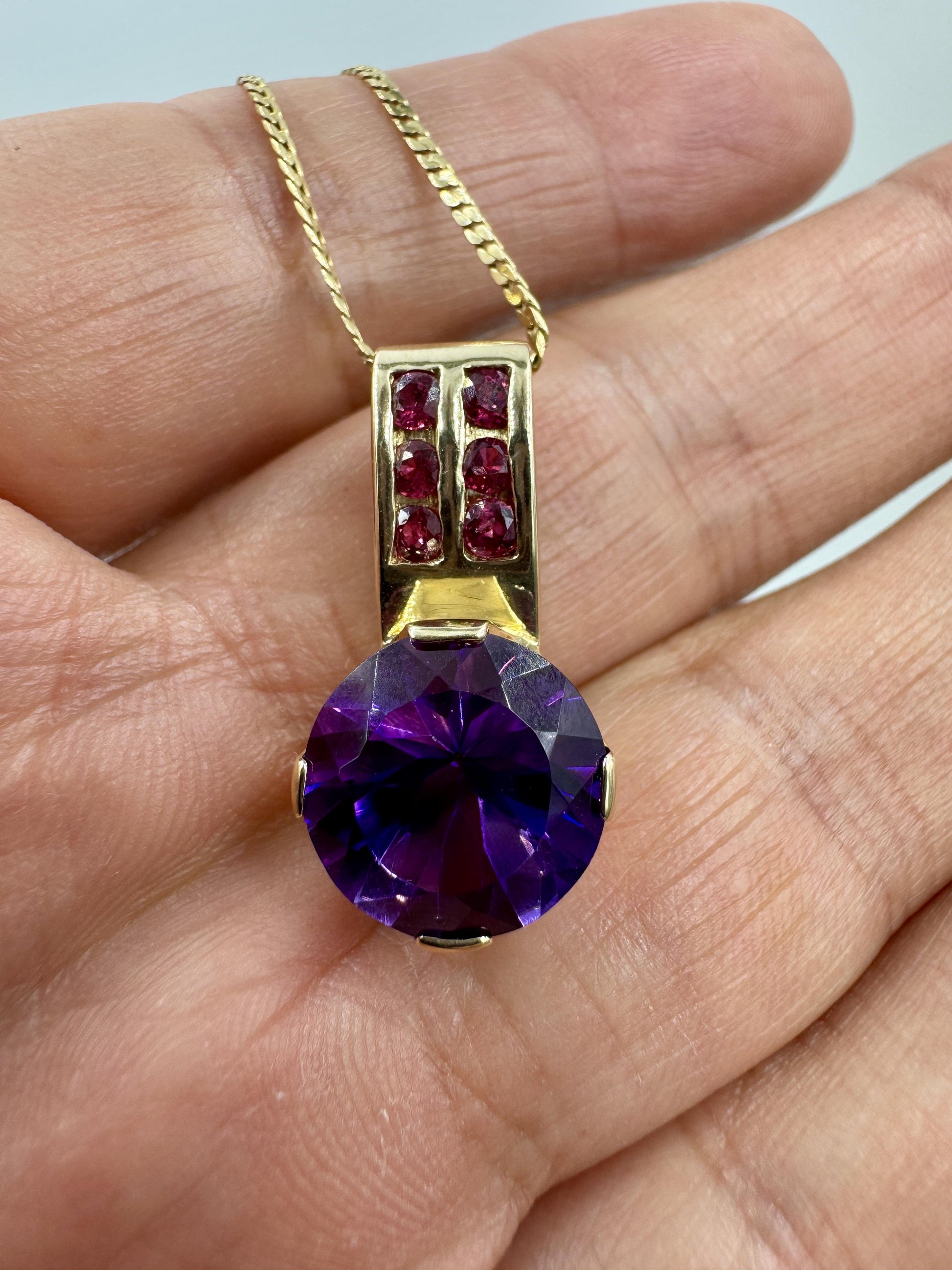 Custom Made 14k Yellow Gold Amethyst and Ruby Pendant Necklace