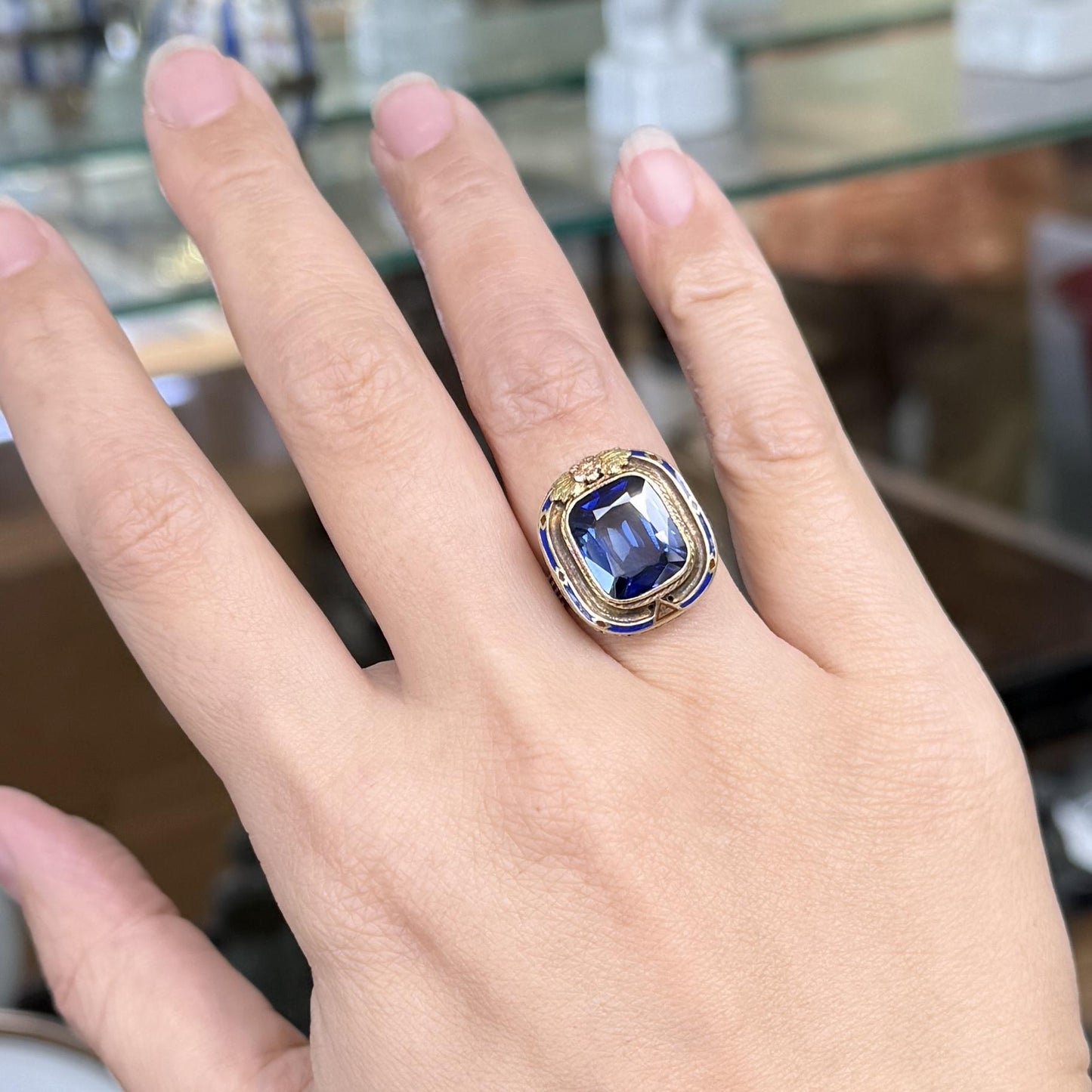 Vintage Art Deco Lab Grown Sapphire and Enamel Ring 14k Gold