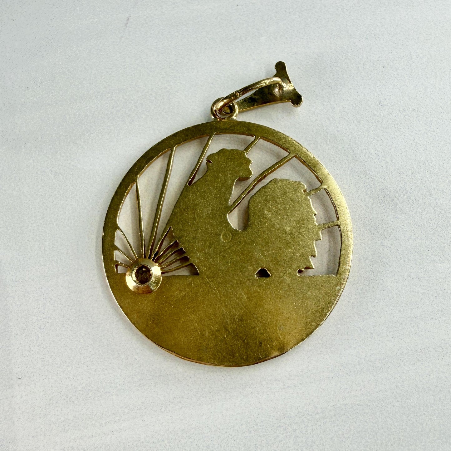 Antique Rooster at Sunrise Diamond Pendant 18k Yellow Gold