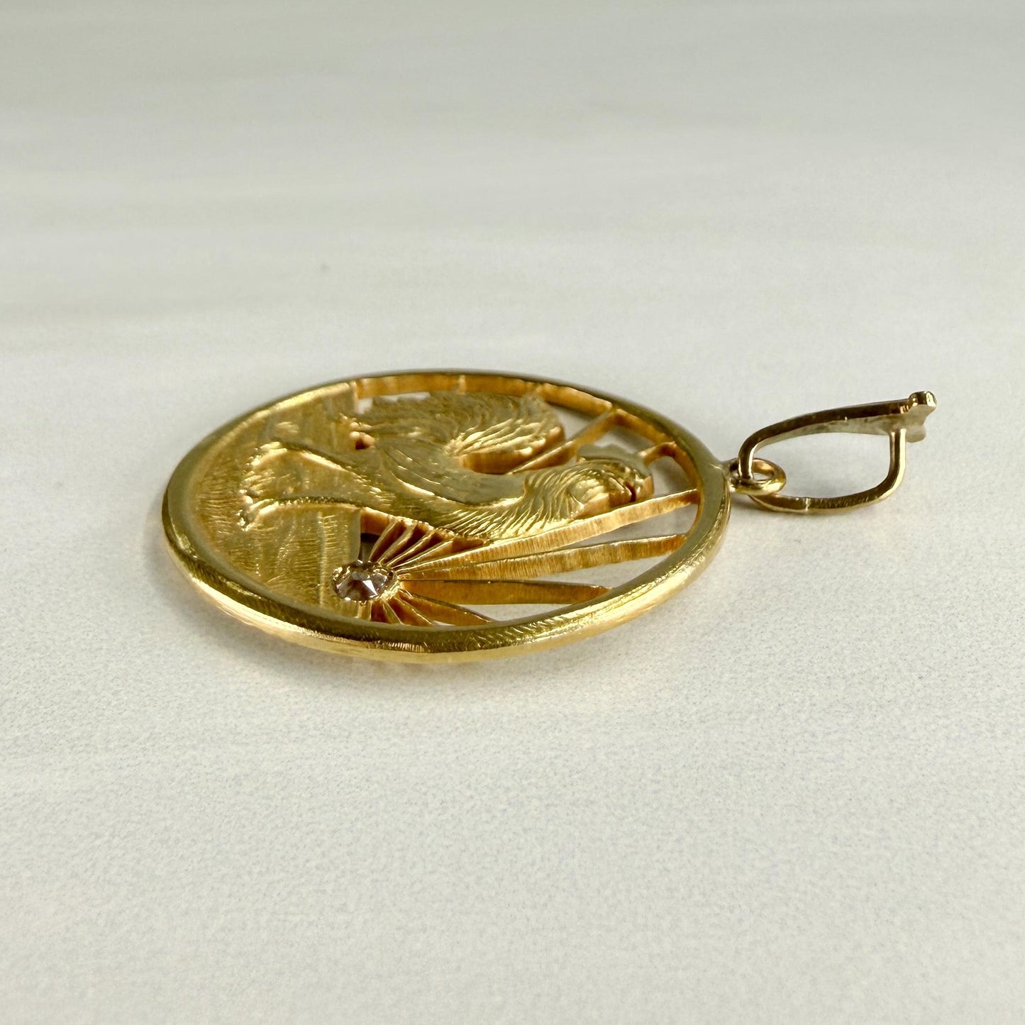Antique Rooster at Sunrise Diamond Pendant 18k Yellow Gold