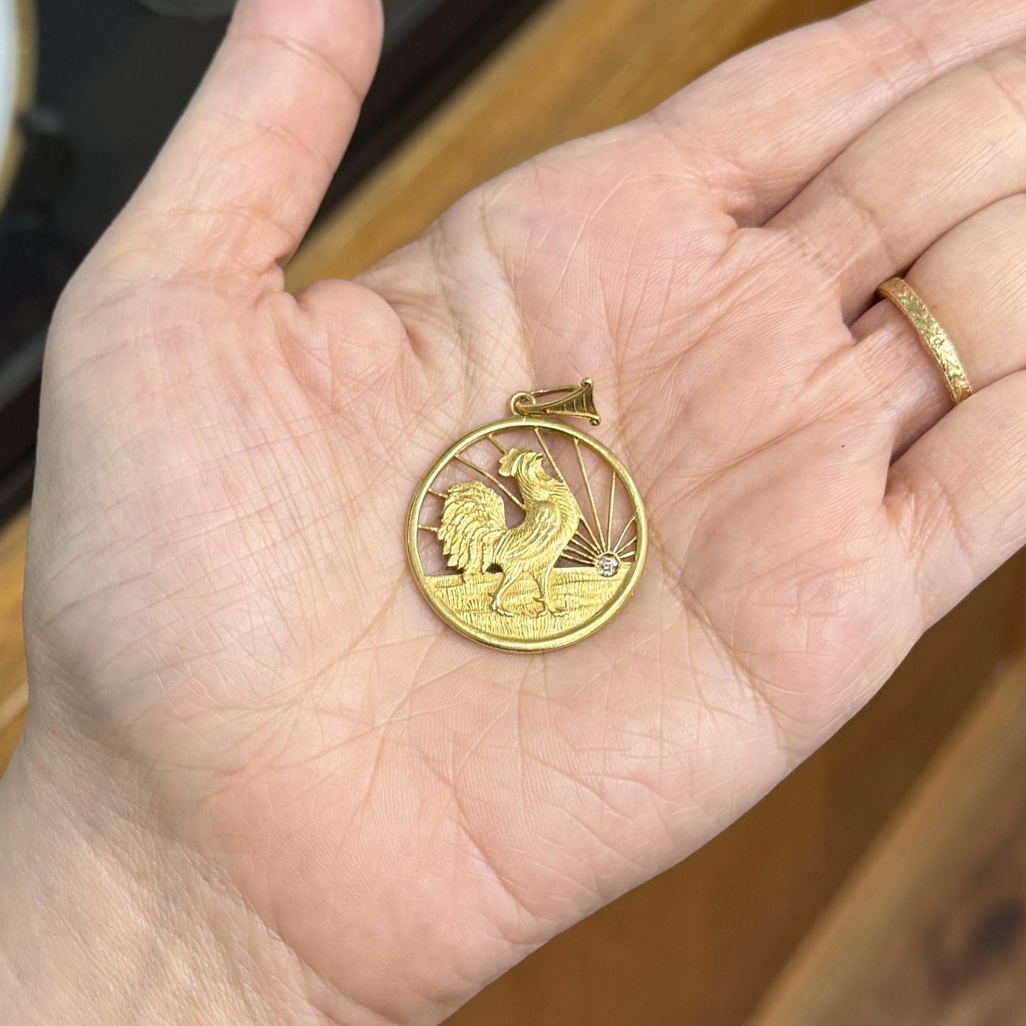 Antique Rooster at Sunrise Diamond Pendant 18k Yellow Gold