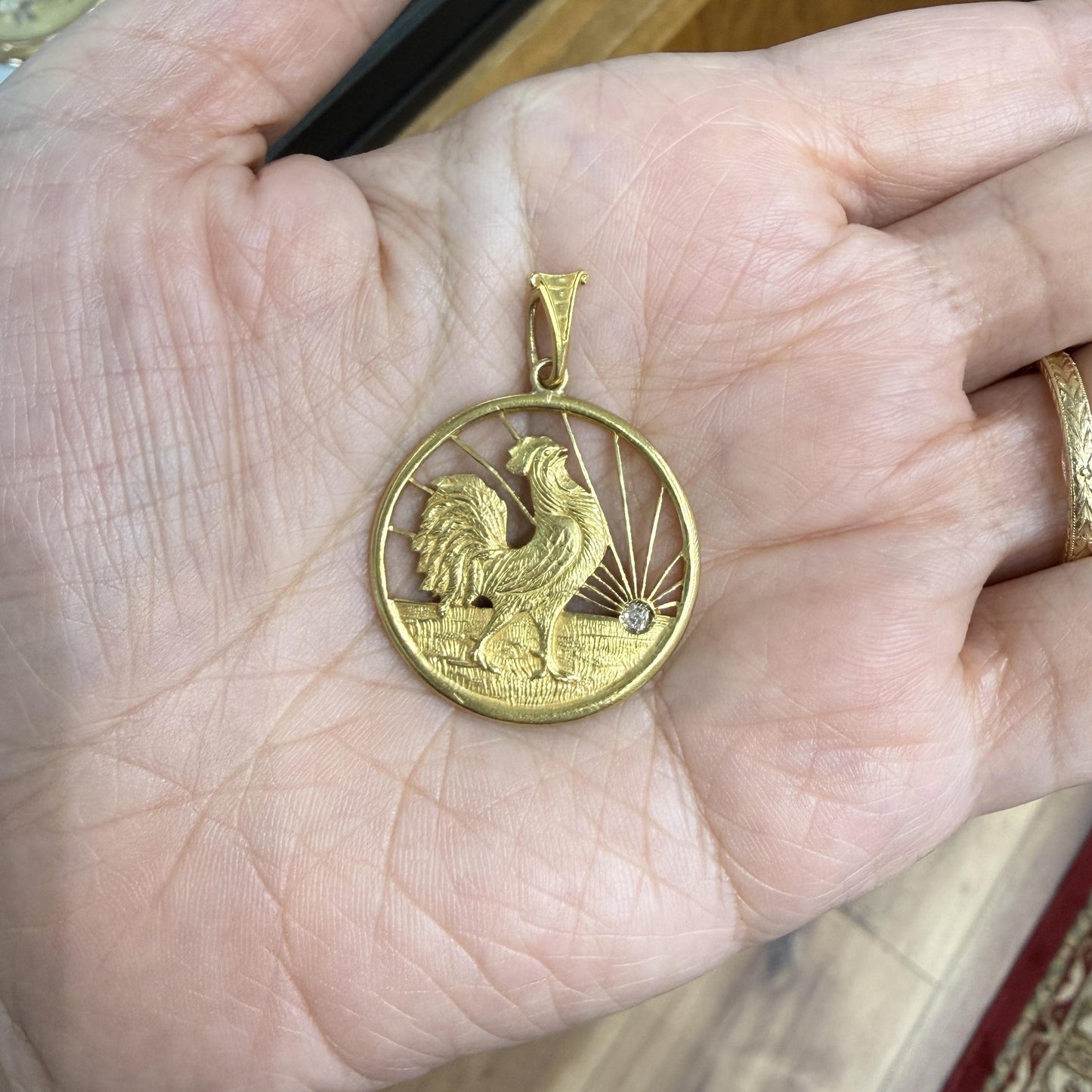 Antique Rooster at Sunrise Diamond Pendant 18k Yellow Gold