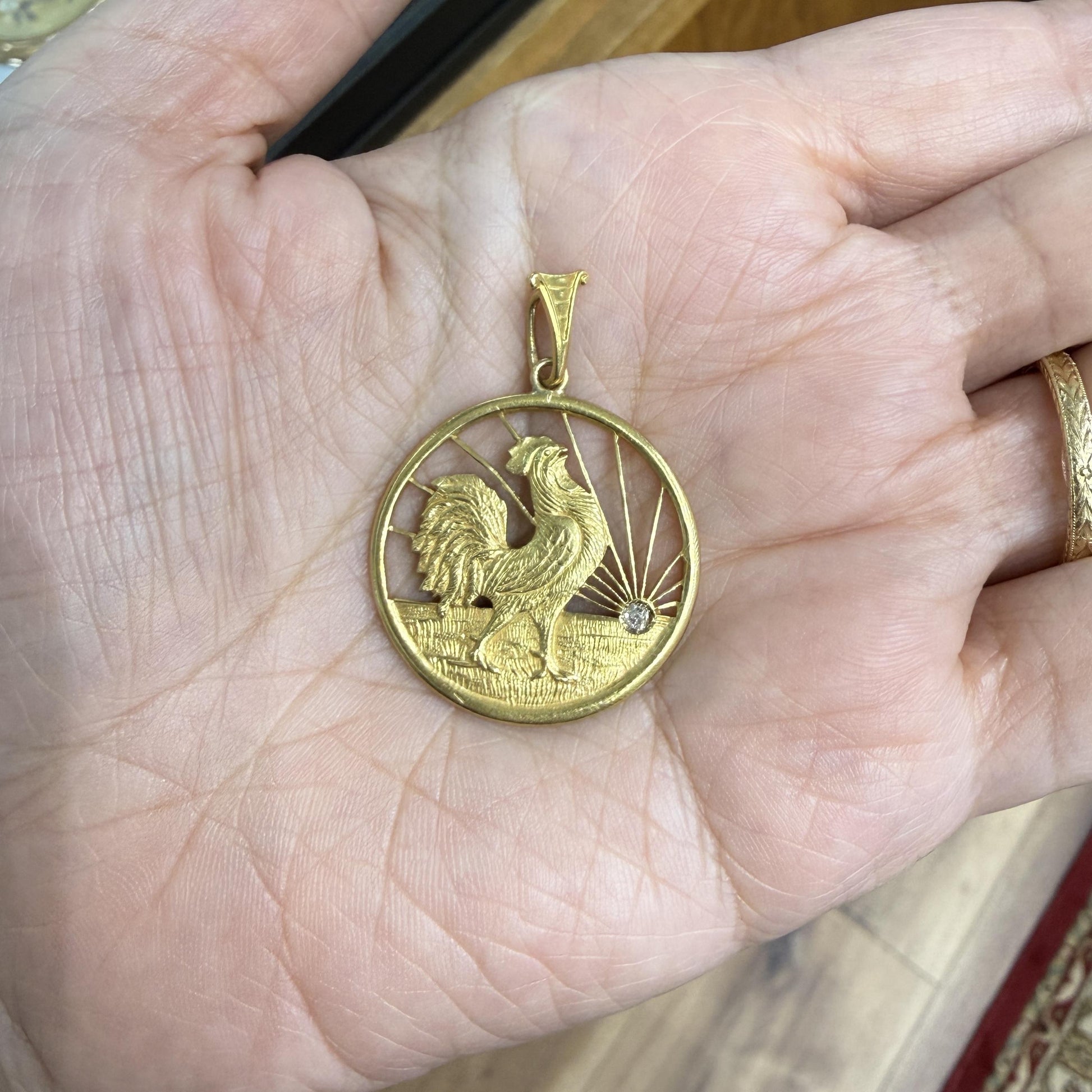Antique Rooster at Sunrise Diamond Pendant 18k Yellow Gold