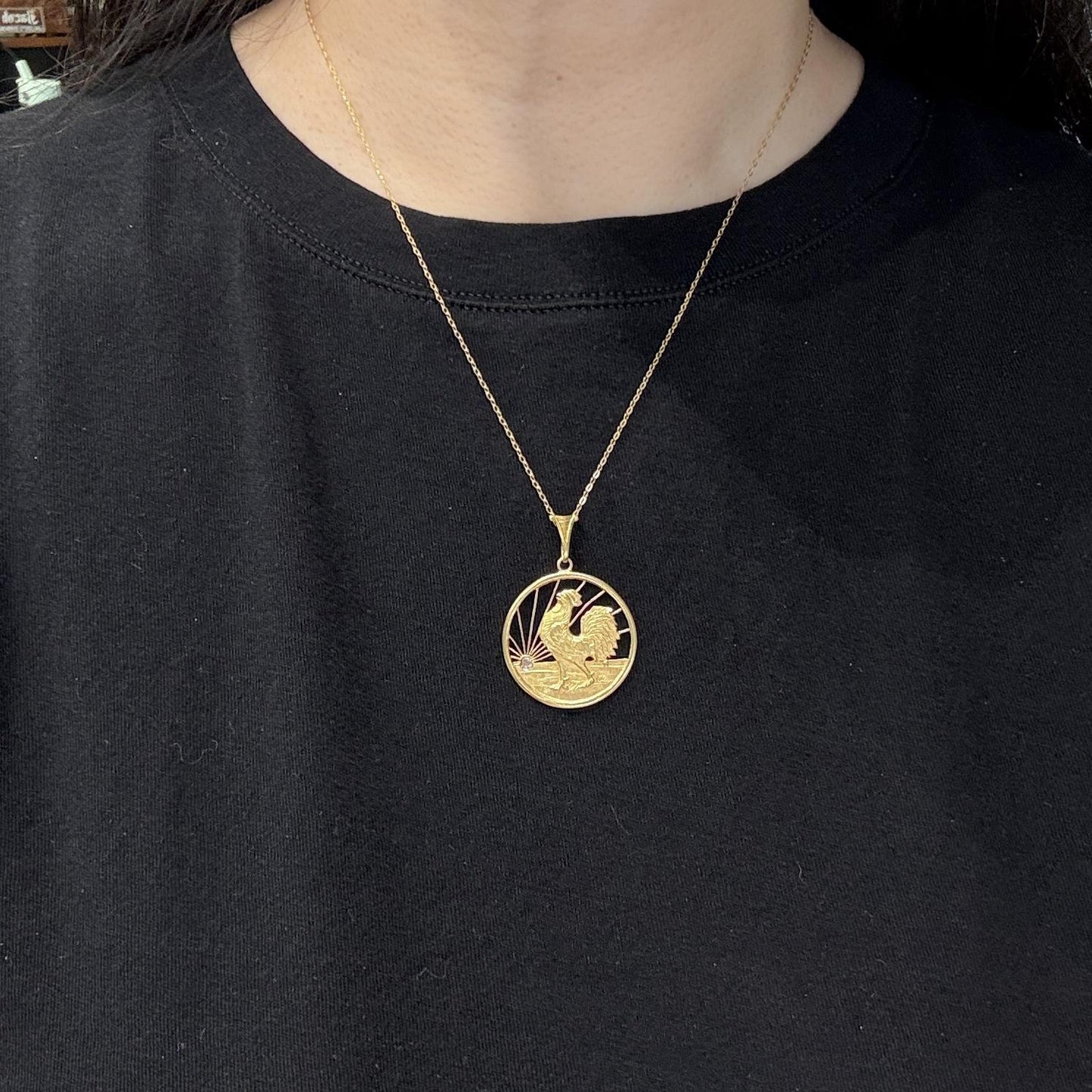 Antique Rooster at Sunrise Diamond Pendant 18k Yellow Gold
