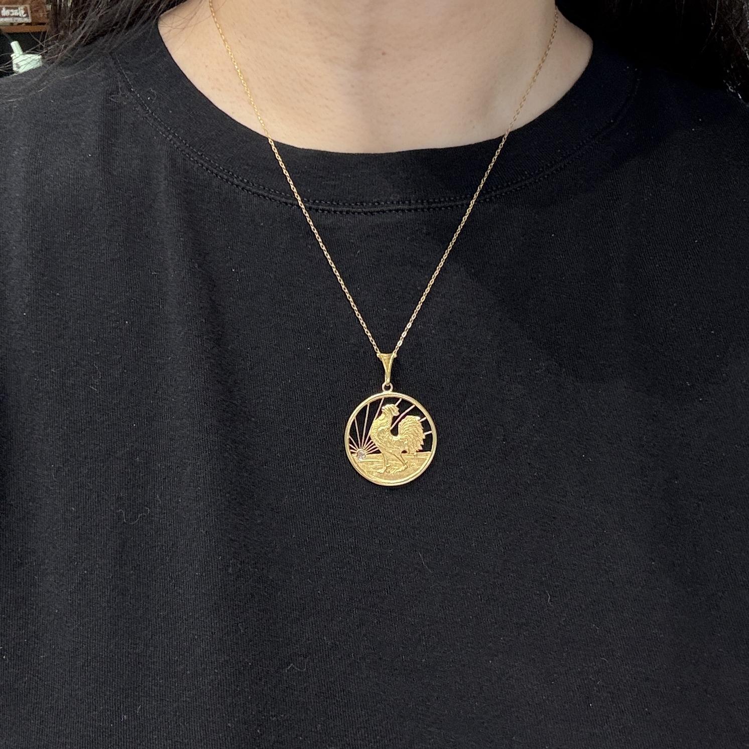 Antique Rooster at Sunrise Diamond Pendant 18k Yellow Gold