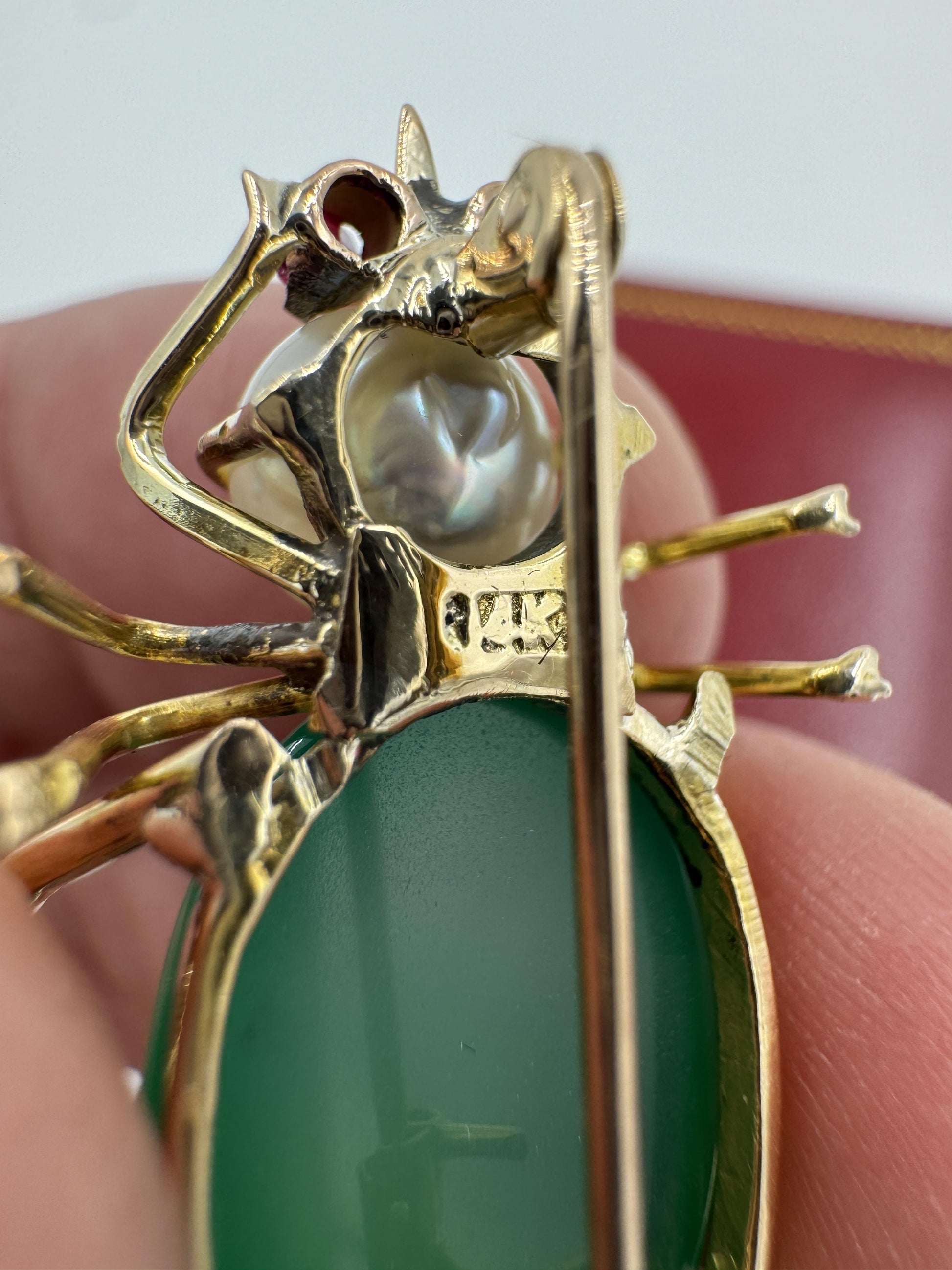 1940's 14k Gold Beatle Chrysoprase Pearl Brooch Pin