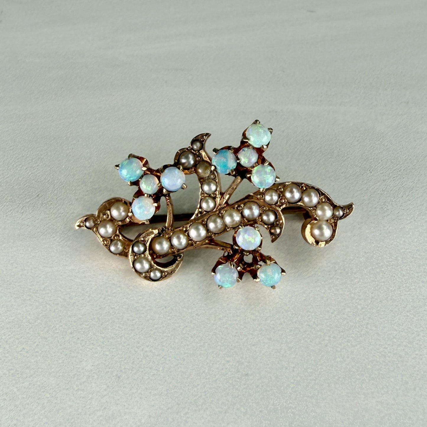 Antique Victorian Opal and Seed Pearl Brooch 10-12k Yellow Gold