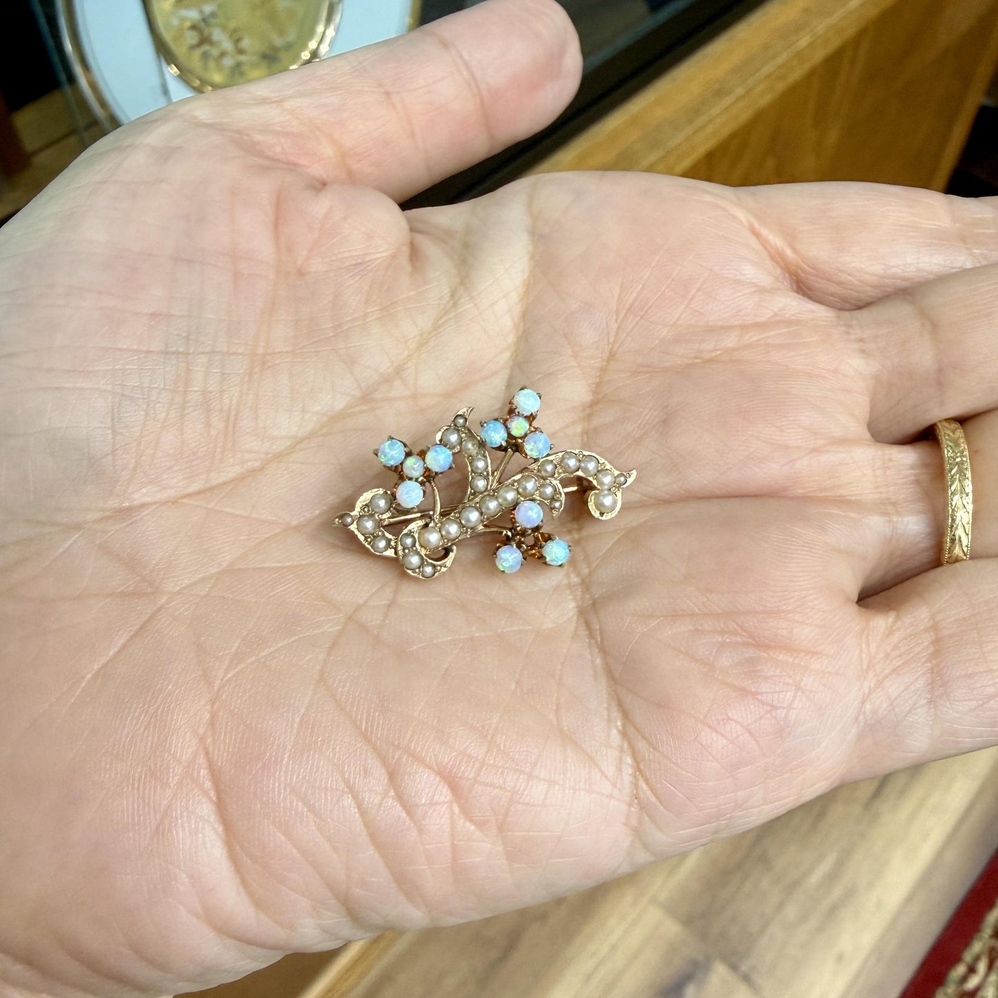 Antique Victorian Opal and Seed Pearl Brooch 10-12k Yellow Gold