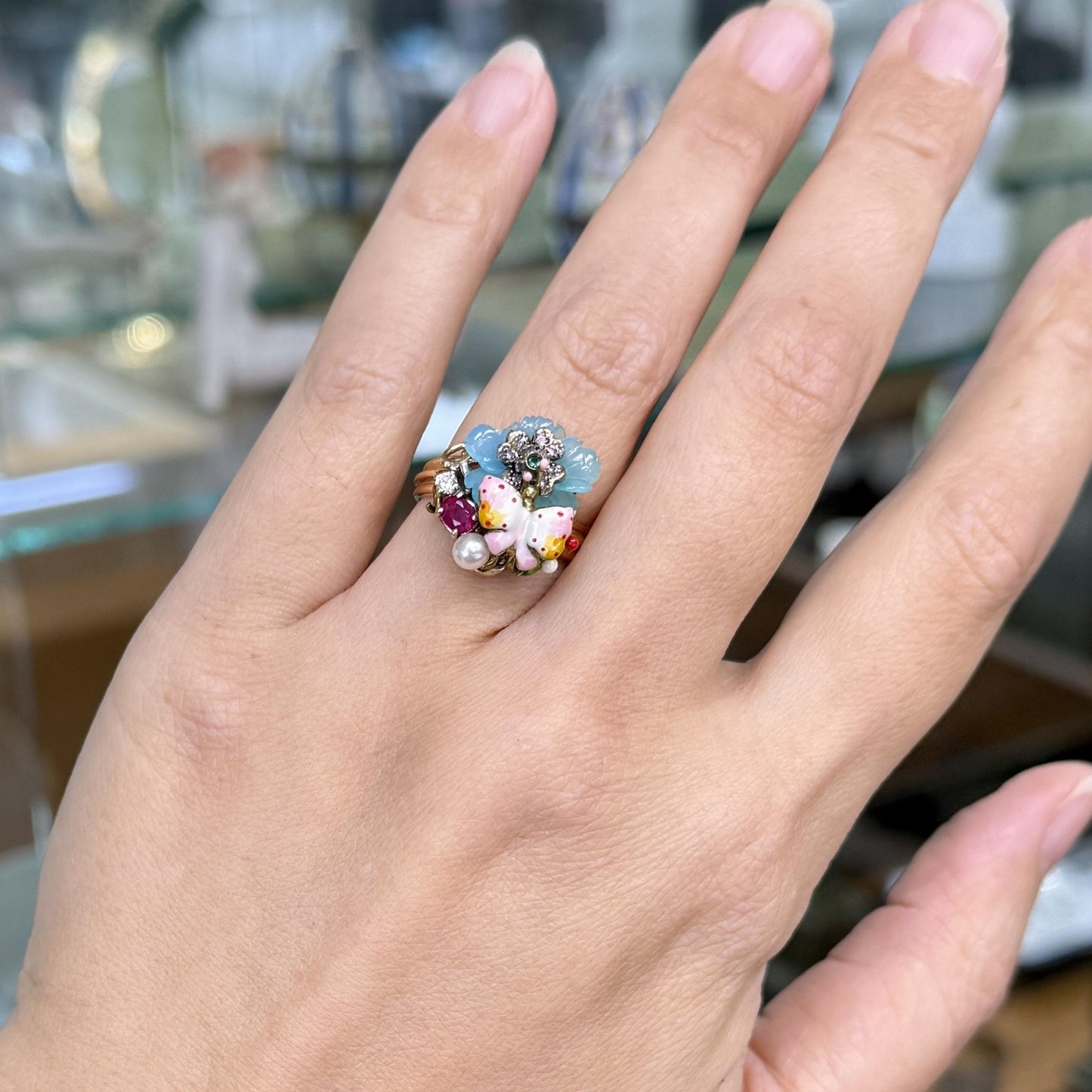 Santagostino Whimsical Floral Butterfly Gemstone Ring 18k Rose Gold