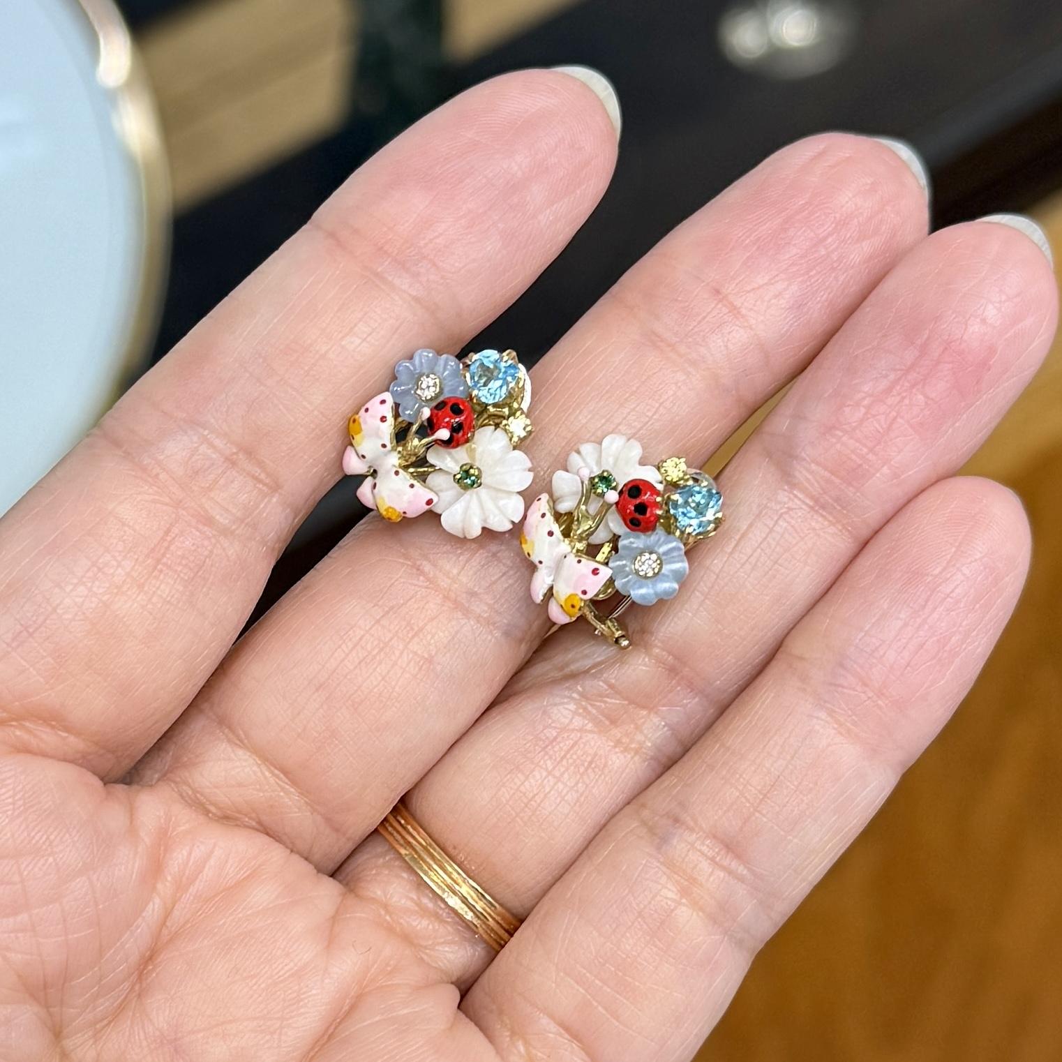 Santagostino Whimsical Floral Butterfly Gemstone Earrings 18k Gold
