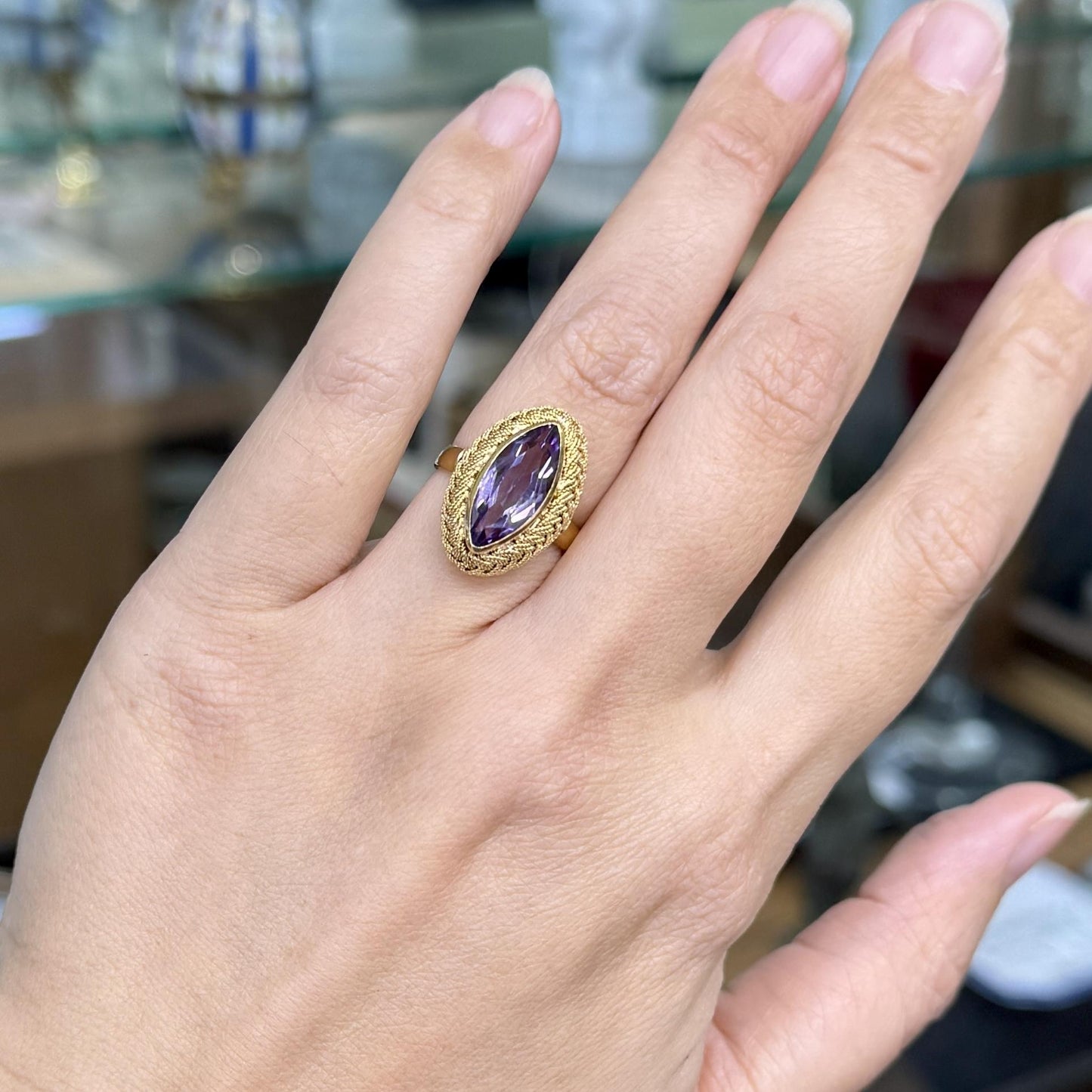 Vintage Italian Marquise Amethyst Navette Ring 18k Yellow Gold