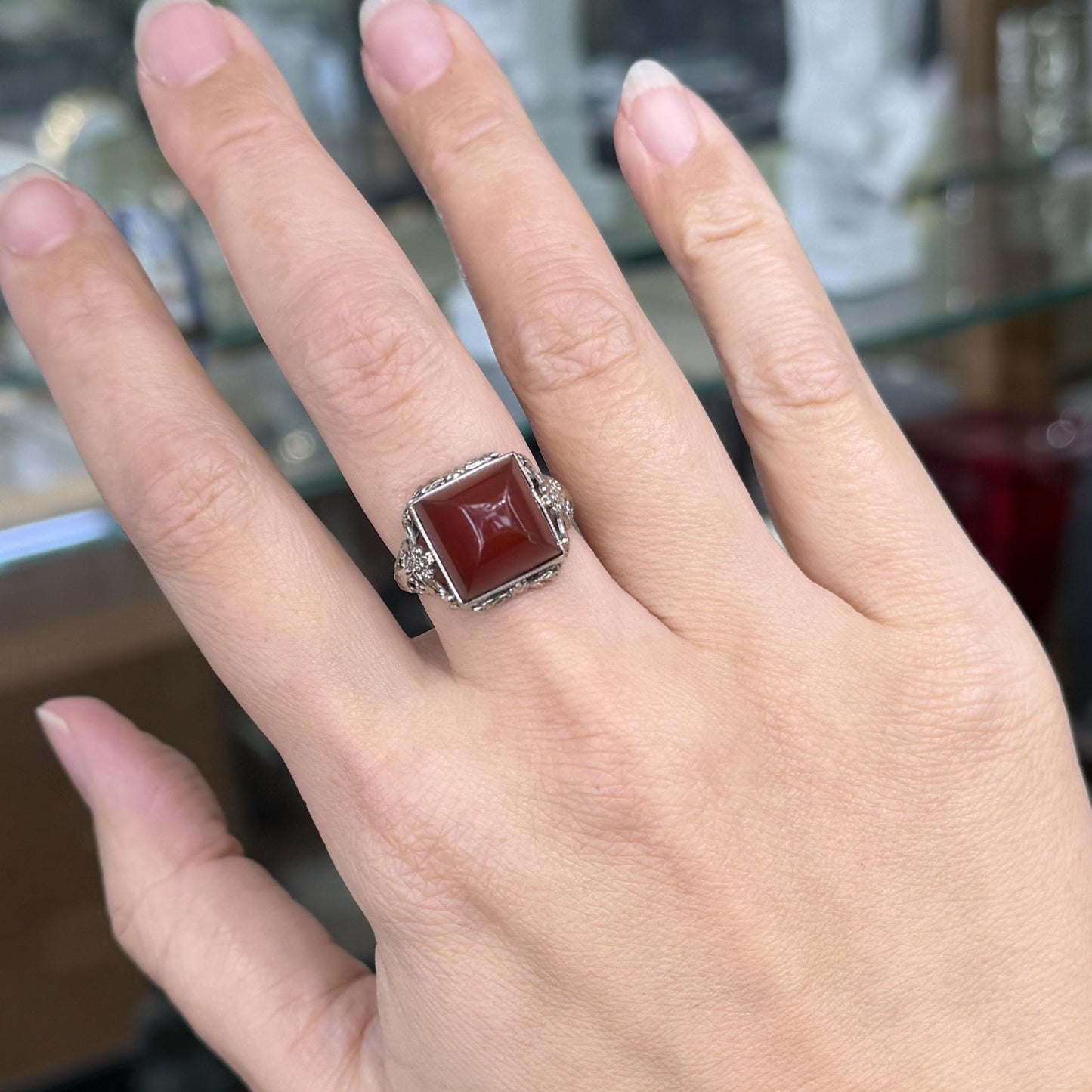 Art Deco 14K White Gold Carnelian Sugar Loaf Stone Ring