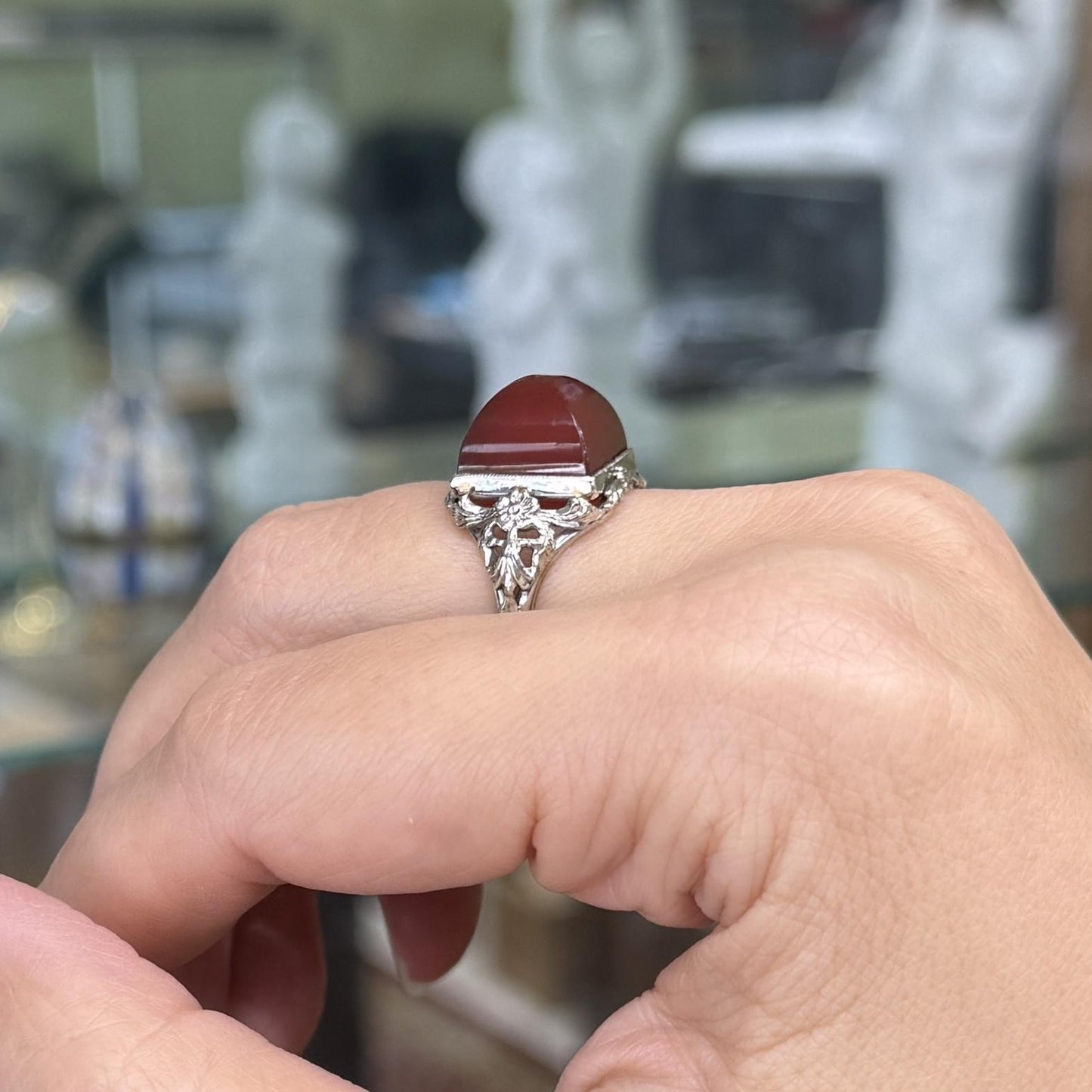 Art Deco 14K White Gold Carnelian Sugar Loaf Stone Ring
