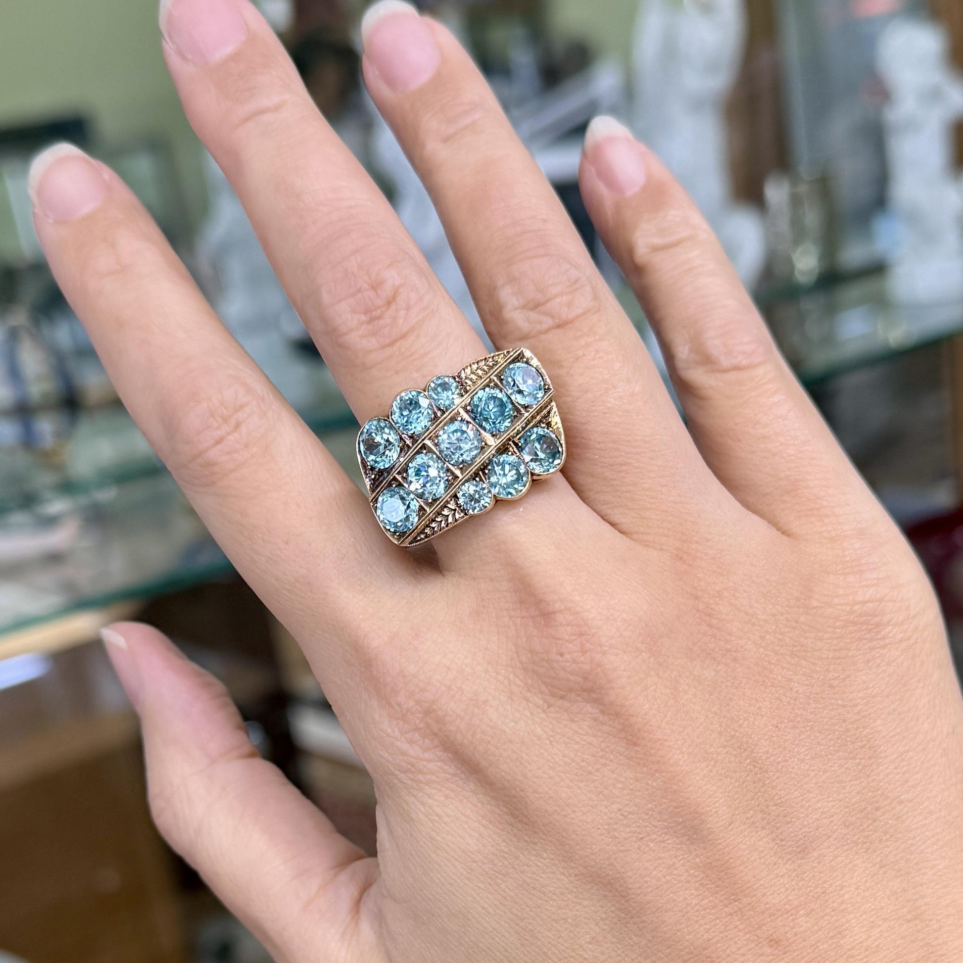 Vintage Old European Blue Zircon Statement Ring 10k Gold