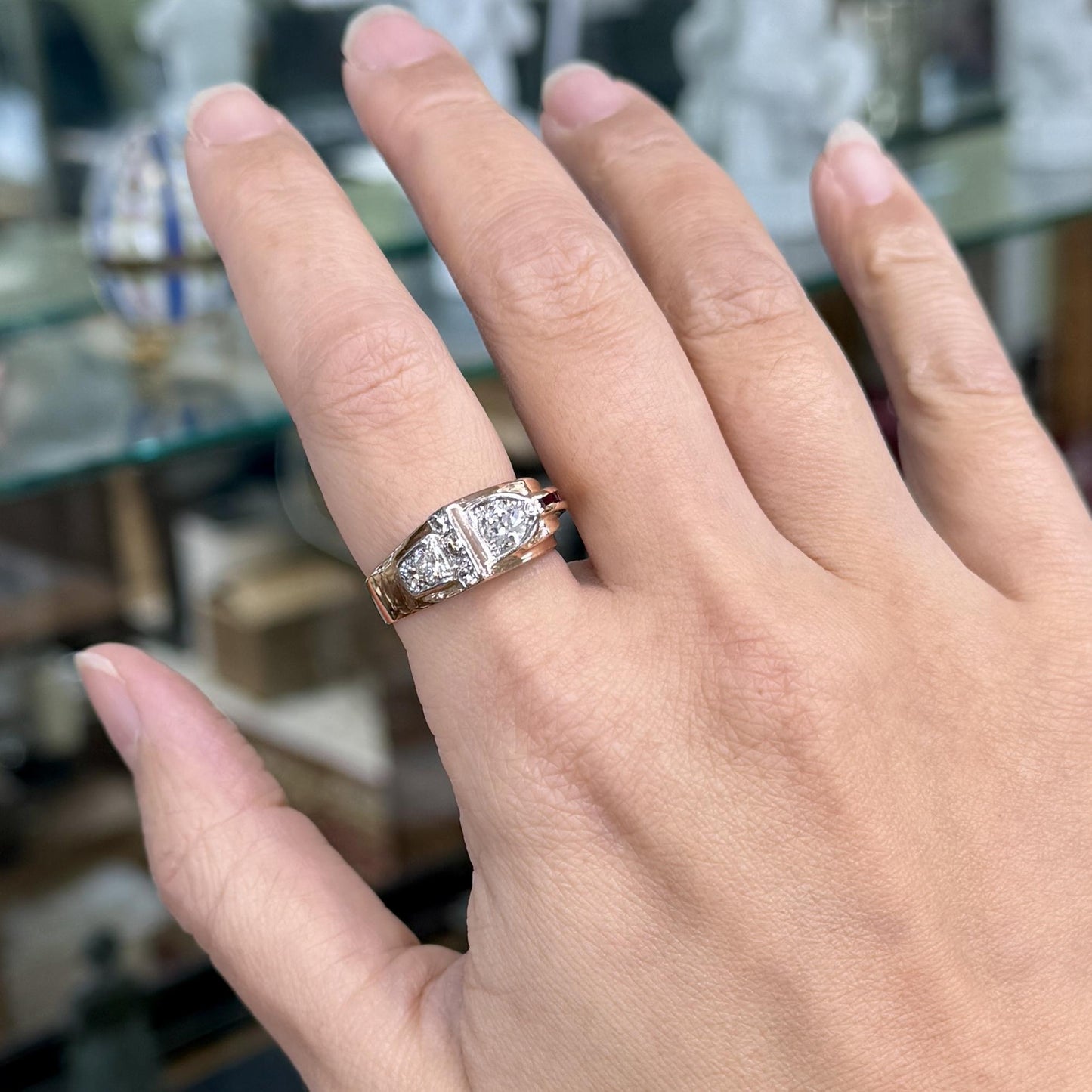 1950's Retro Old European Cut Diamond and Ruby Ring 14k Rose Gold