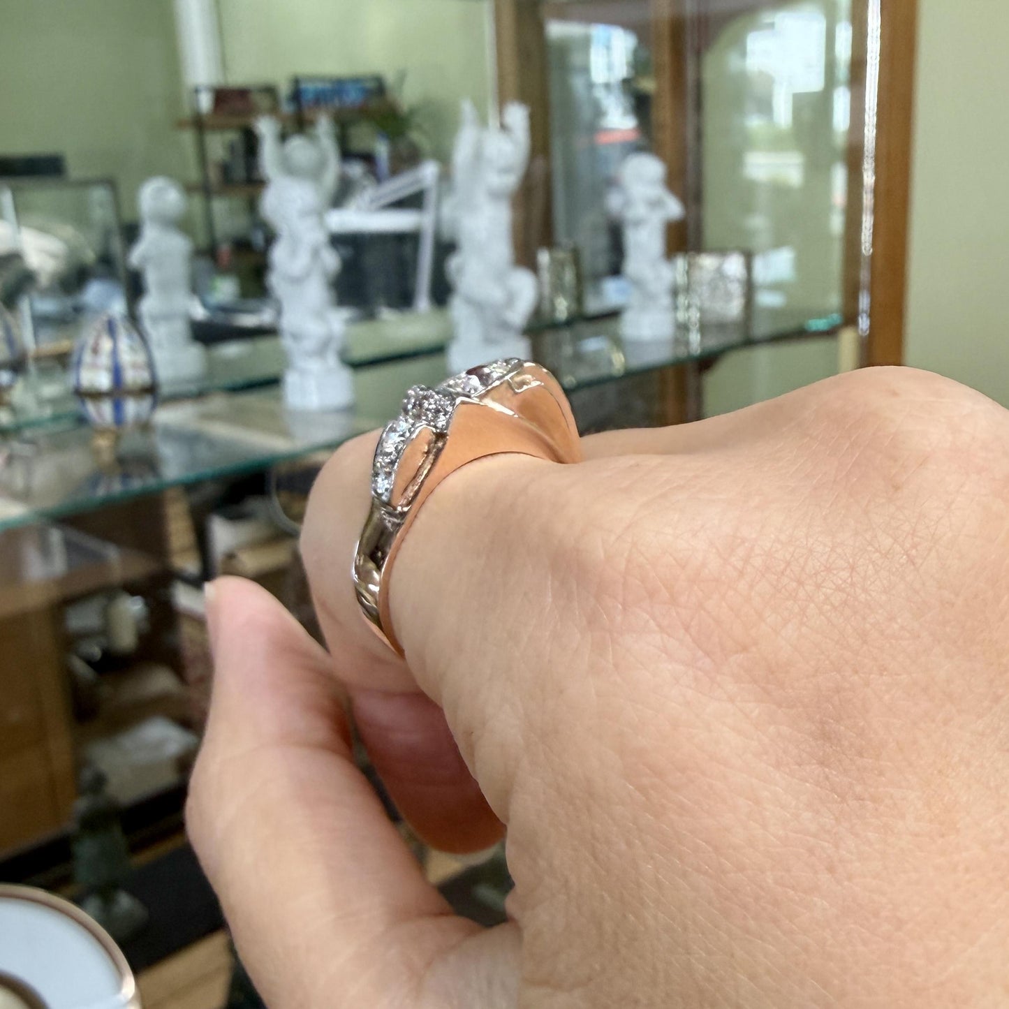 1950's Retro Old European Cut Diamond and Ruby Ring 14k Rose Gold