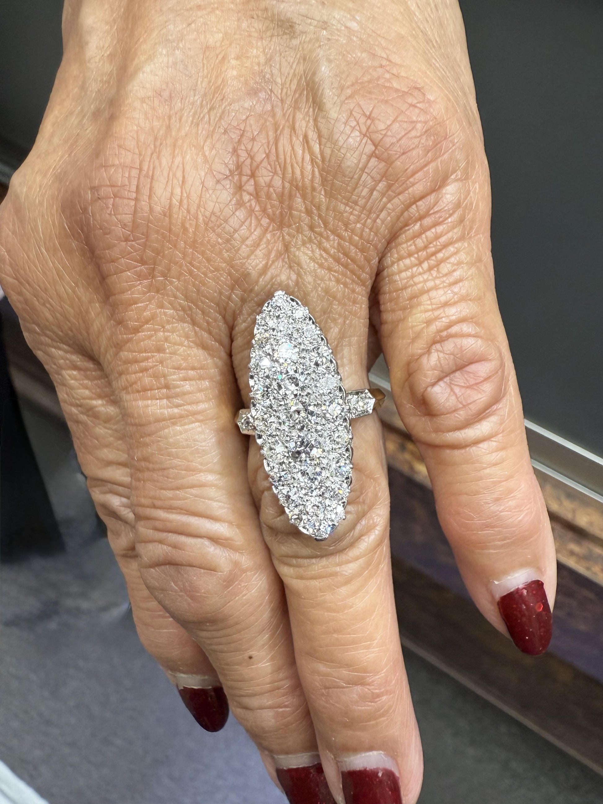 Edwardian French Navette Old Cut Diamond Ring Platinum/18k