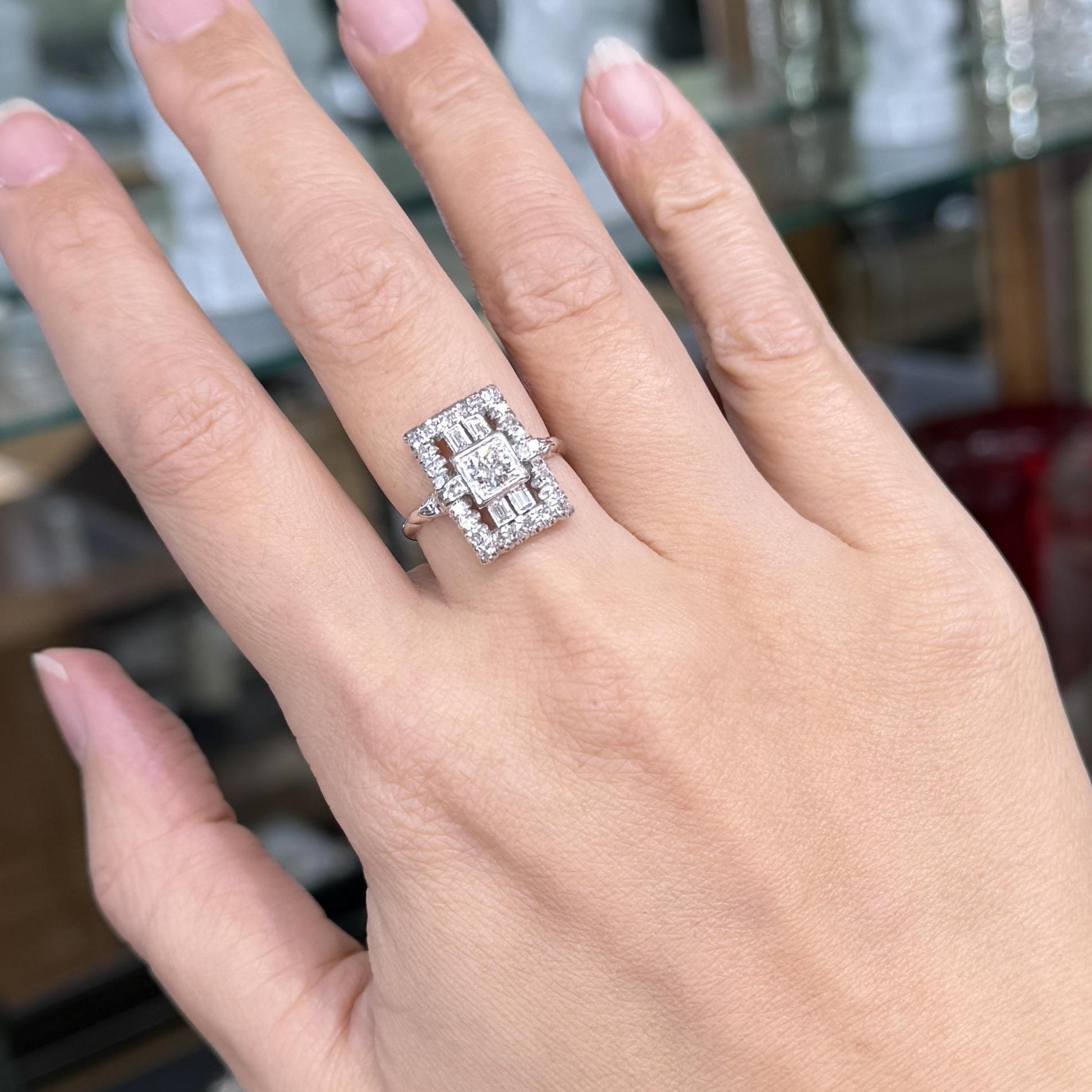 Art Deco Old Cut Diamond Panel Shield Ring Platinum