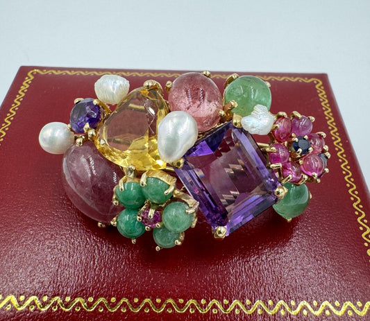 1950's 14k Yellow Gold Multi Gemstone Brooch pin
